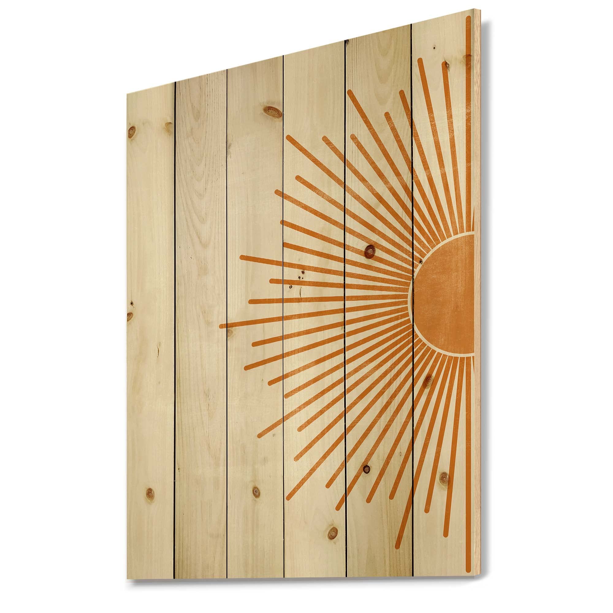 Modern Orange Sun Print Wood Wall Art - Large Geometric Contemporary Wooden Wall Decor Panel on Natural Pine - Perfect for Living Room, Bedroom & Office Decor