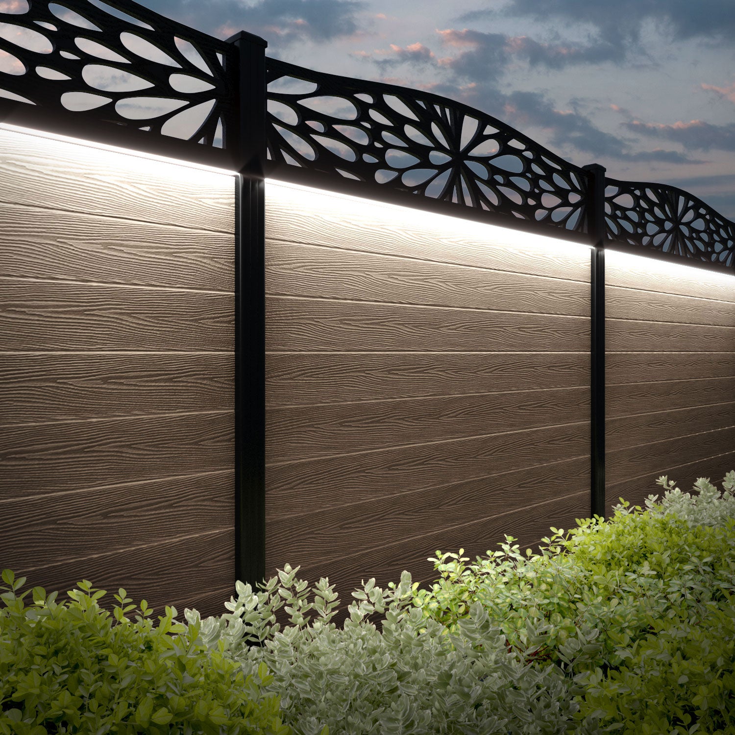 Classic Blossom Curved Top Teak Wood Fence Panel with Aluminum Posts - Elegant Garden Privacy Fence for Backyard, Patio, and Poolside Landscaping