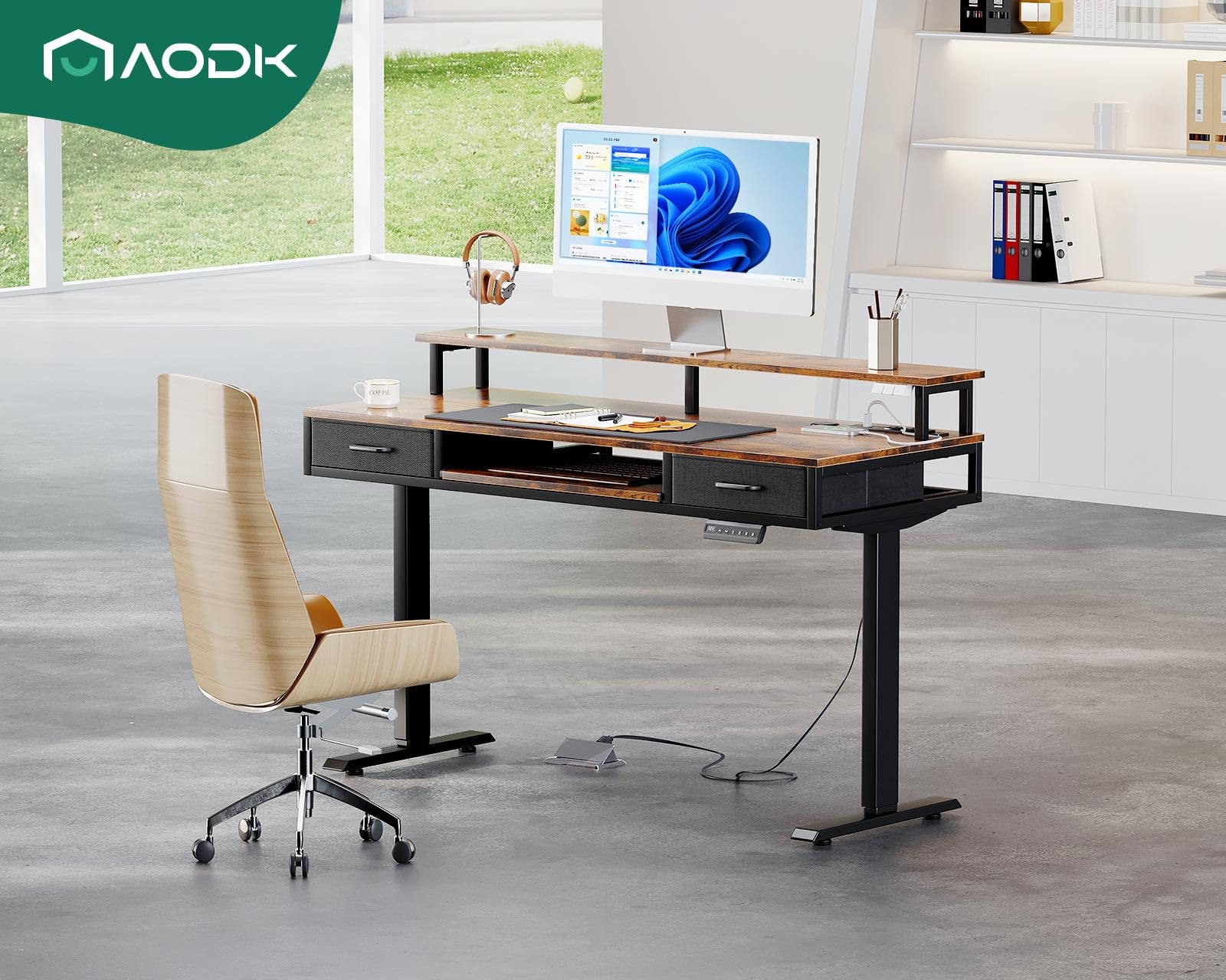 AODK 55 Inch Electric Height Adjustable Standing Desk with Drawers, Keyboard Tray & Power Outlets - Ergonomic Gaming Desk with LED Lights & Monitor Stand for Home Office - Rustic Brown Workspace Solution for Remote Work, Streaming & PC Gaming