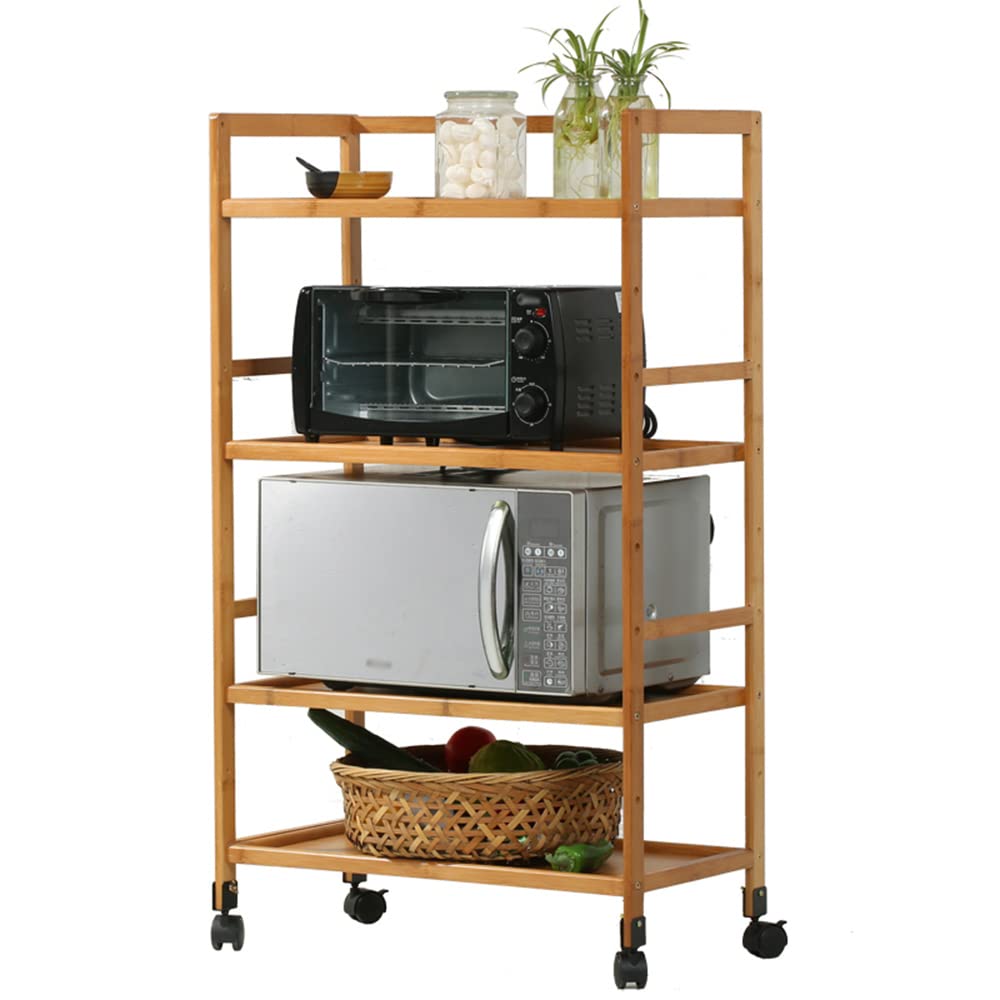 4-Tier Bamboo Storage Rack with Wheels - Microwave Stand, Oven Rack, Pot Organizer, Kitchen Shelf for Small Spaces - Perfect for Apartments, Dorms & Pantry Organization