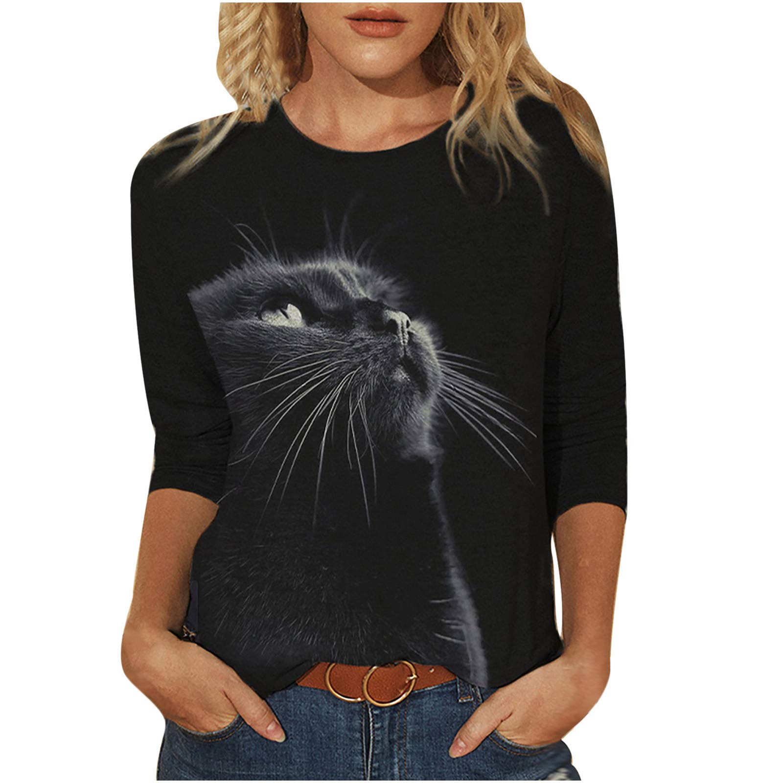 Women's Long Sleeve Workout Shirts - Cat Print Fashion Tops for Summer, Loose Fit O-Neck Blouse for Yoga, Running & Casual Wear