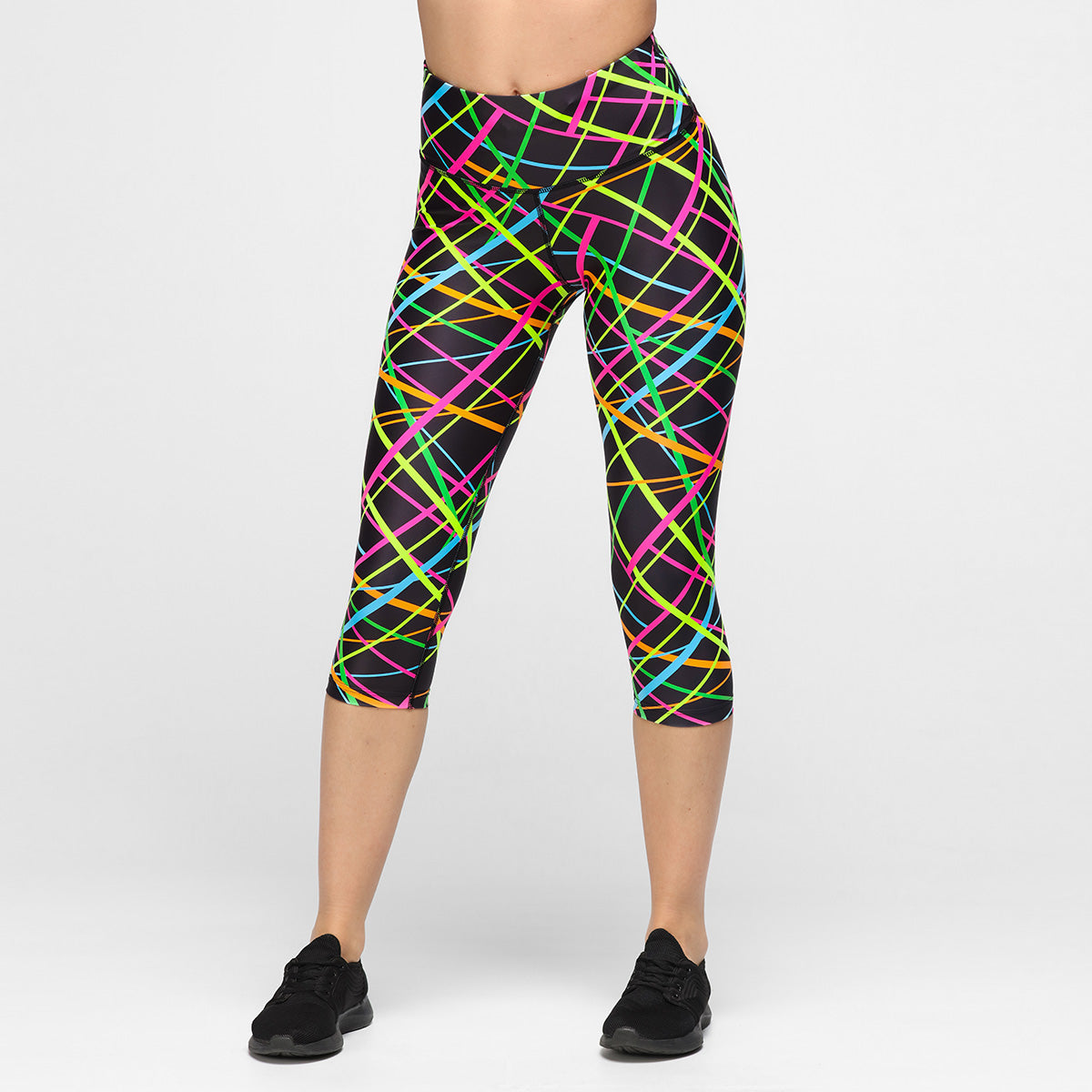Clubbercise Neon Beam Capri Leggings - High Waist Workout Pants for Dance Fitness & Yoga - Perfect for Gym, Zumba, and Nightclub Dancing