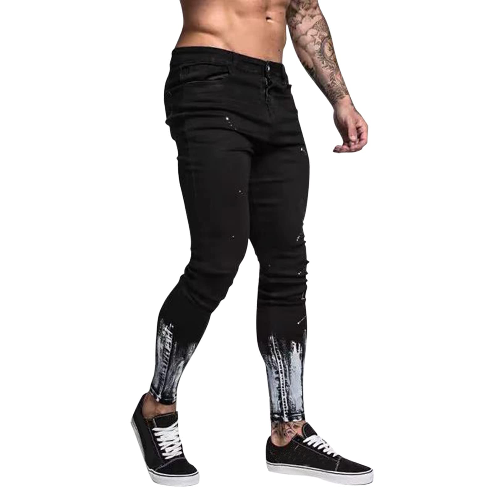 Men's Slim Fit Mid Rise Casual Jeans with Paint Print & Zipper Fly - Stretch Denim Pants with Pockets (Black, XL) | Perfect for Everyday Wear, Office & Date Nights