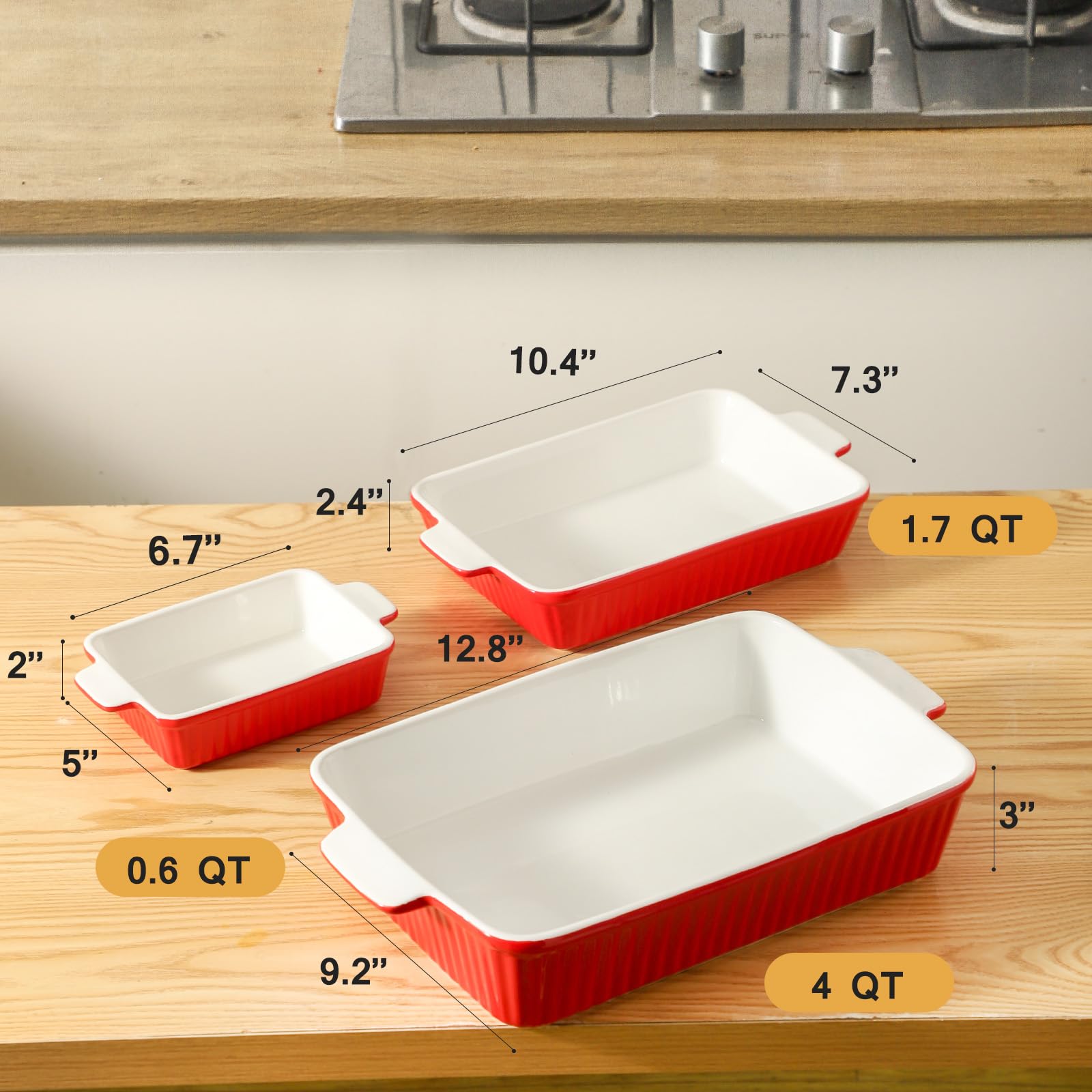 Hasense 3-Piece Ceramic Casserole Dish Set for Oven - Rectangular Baking Pans with Handles (15
