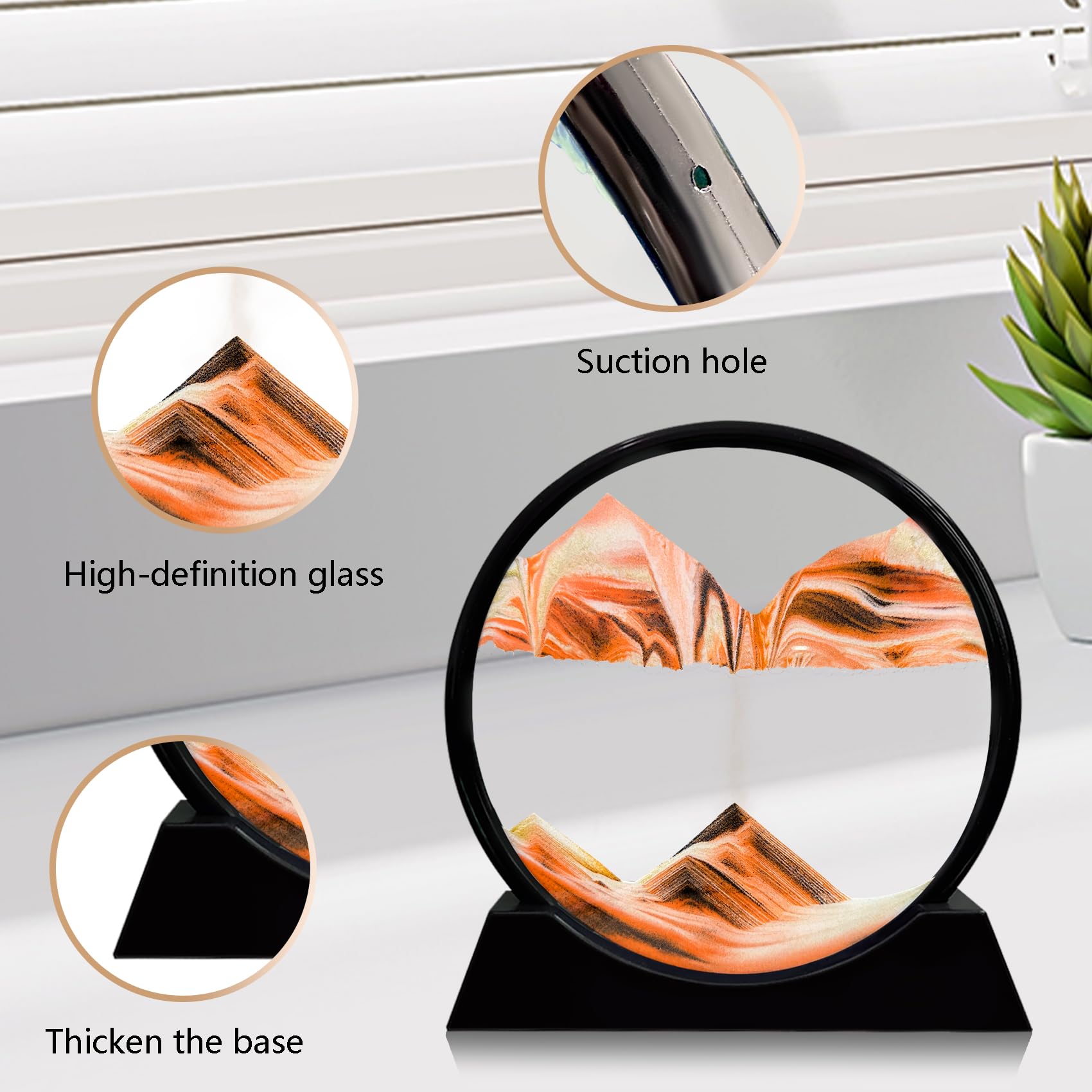 Laenshi 7-Inch Round Glass Moving Sand Art Picture - 3D Deep Sea Liquid Motion Sandscapes for Adults, Stress Relief & Relaxation | Desktop, Office, Home Decor (Orange) | Perfect for Meditation, Gifts, and Workspace Decoration