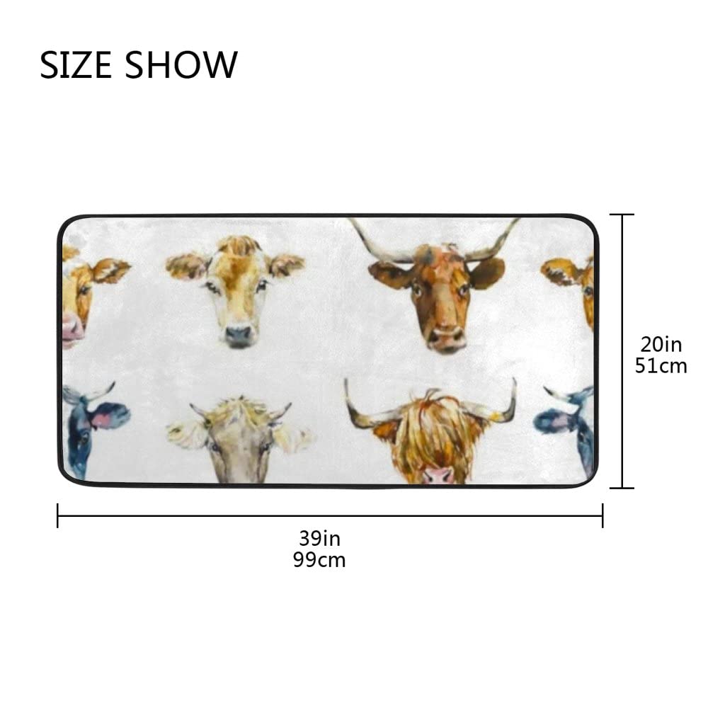 Non-Slip Watercolor Cow Print Kitchen Rug - 39x20 Inch Anti-Fatigue Floor Mat for Laundry Room, Entryway & Standing Areas - Hand Drawn Design Rectangle Runner Carpet
