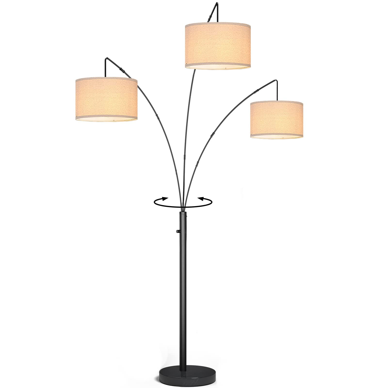 Modern Black Arc Floor Lamp with Light Beige Shades - Multi-Arm Trilage Arched Standing Lamp for Living Room, Bedroom, Lounge & Home Office - PARTPHONER Tall Floor Lamps for Reading, Working & Ambient Lighting