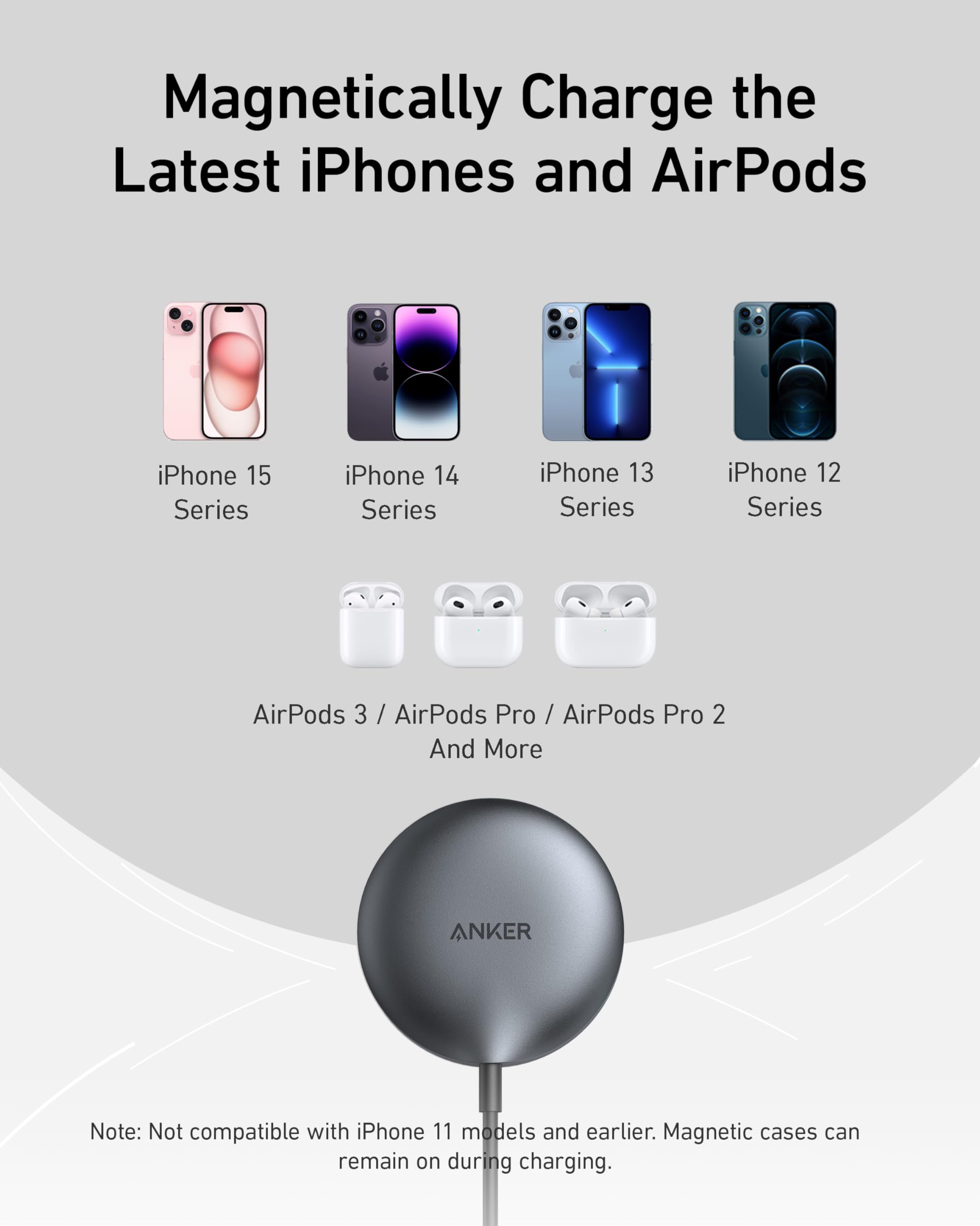 Anker MagGo Qi2 Certified 15W Wireless Charging Pad - Magnetic MagSafe Charger Compatible with iPhone 16/16 Plus/16 Pro/16 Pro Max/15/14/13/12 Series (Includes USB-C Cable) - Perfect for Home, Office & Travel Charging