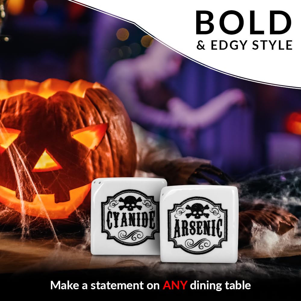 Funny Halloween Salt and Pepper Shakers - Arsenic & Cyanide Gothic Kitchen Decor for Spooky Witch Themed Parties, Goth Home Accessories, Unique Oddities & Curiosities - Perfect for Gothic Dinnerware & Halloween Table Settings (White)