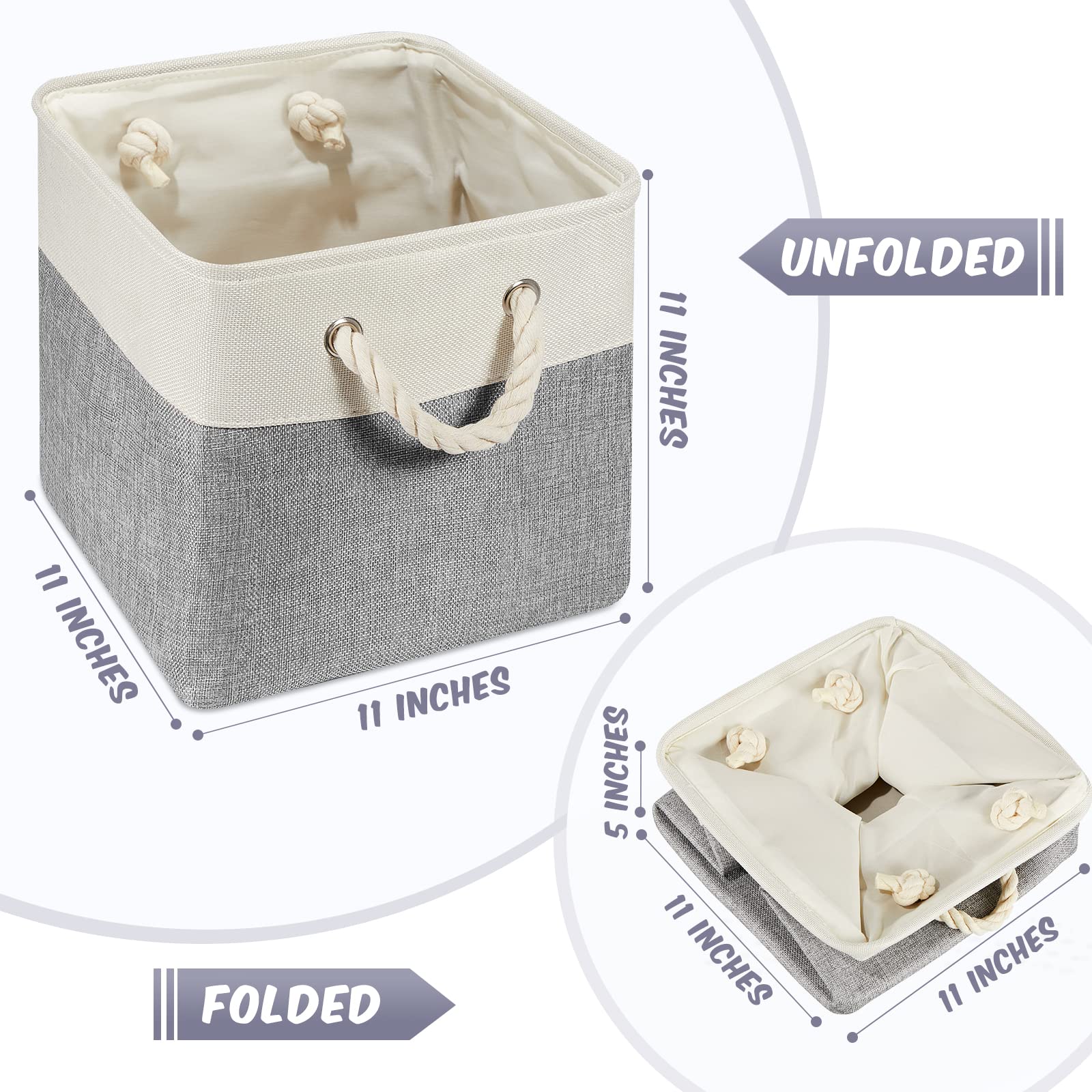 Geiserailie 6-Pack 11x11 Inch Foldable Fabric Storage Bins with Handles - Gray & White Cube Organizer for Closet, Nursery, Office & Home Organization