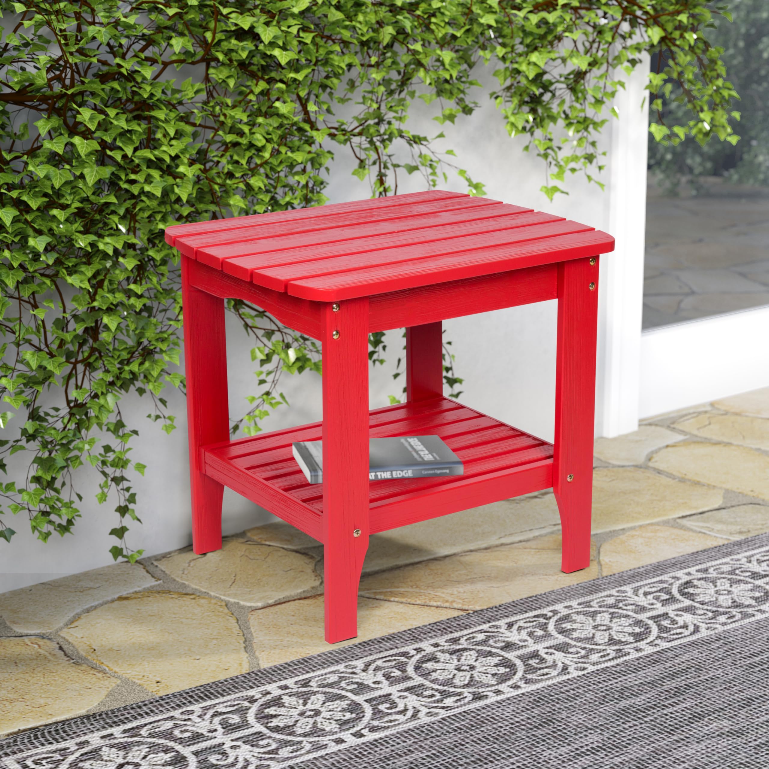 Shine Company Long Island Rectangular Solid Wood End Table - Outdoor Adirondack Side Table in Chili Red - Perfect for Patio, Deck, Garden & Poolside Use