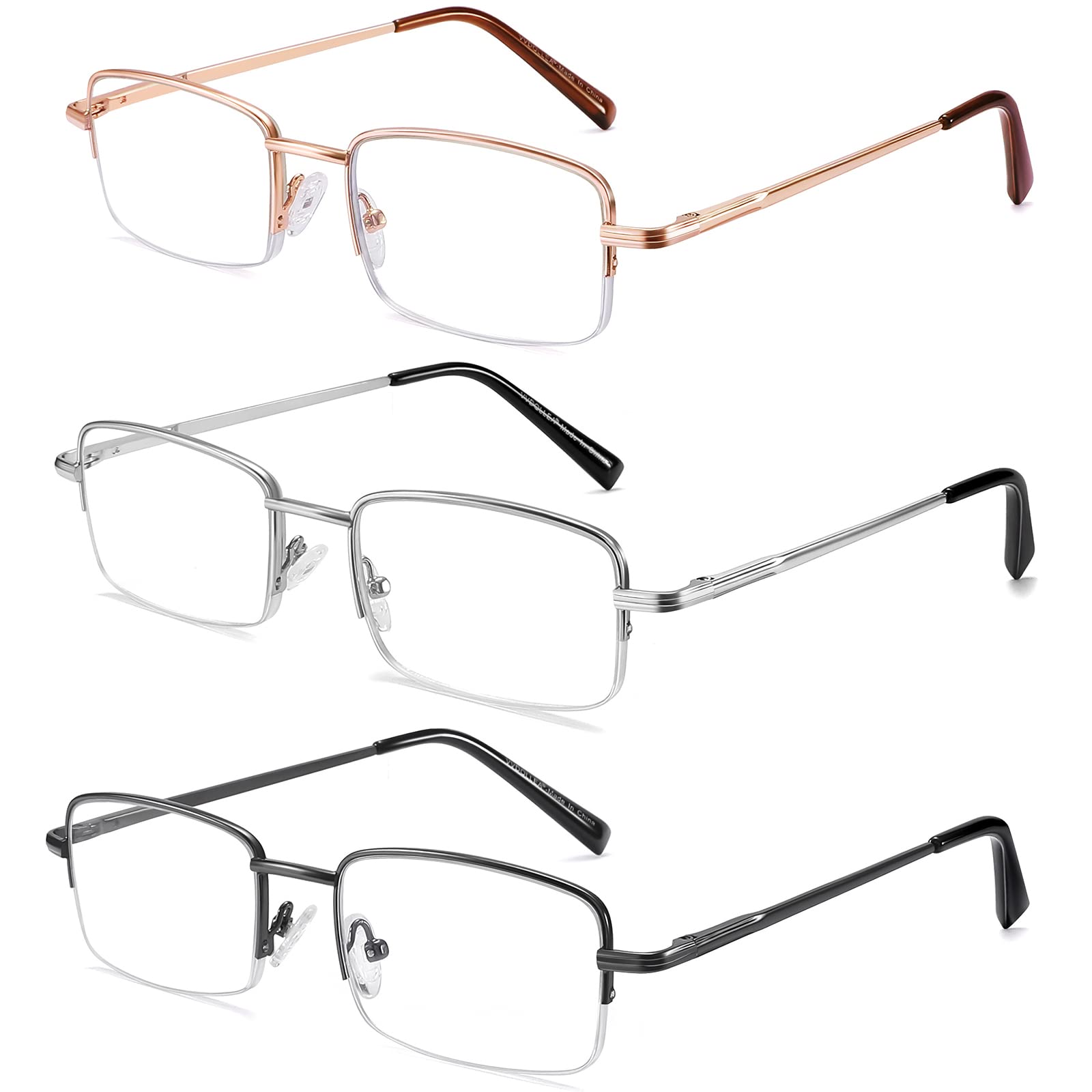 VVDQELLA 1.75x Reading Glasses for Men - Half Frame Metal Spring Hinge Blue Light Blocking (3 Packs) for Office & Reading