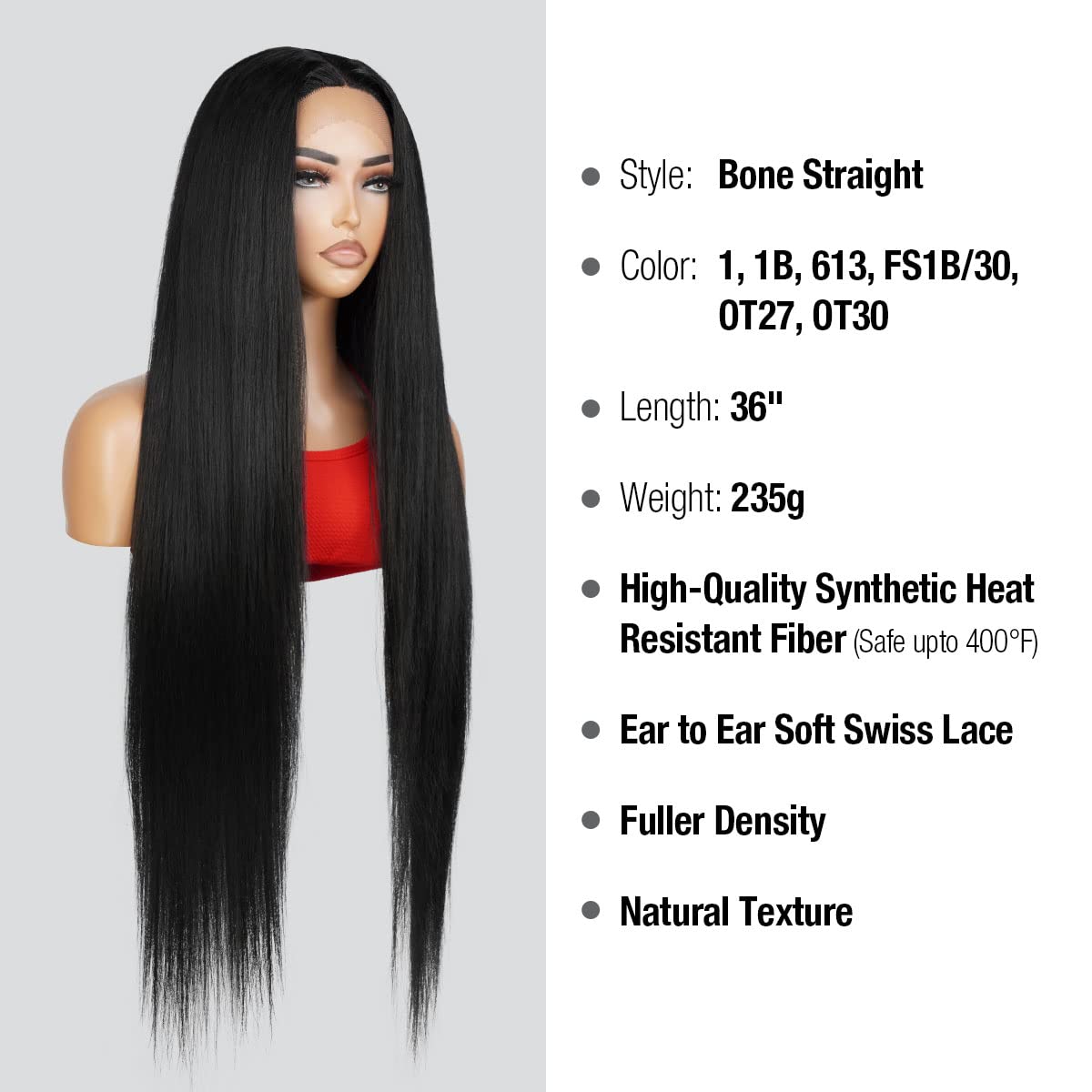 36 Inch Lace Front Wig - Bone Straight Super Long Synthetic Hair with Realistic Hairline - Heat Resistant Middle Part Wig for Black Women - Jet Black DPL002 | Perfect for Cosplay, Daily Wear & Special Occasions