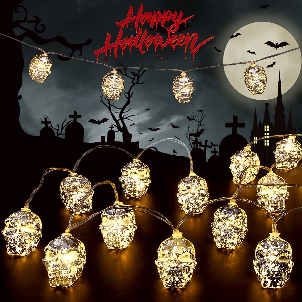 20 LED Halloween String Lights - 9.8ft Orange Battery Operated Skull Lights with 2 Modes (Flash/Steady) for Indoor & Outdoor Halloween Decorations - Perfect for Bedroom, Party, Yard, and Porch Decor