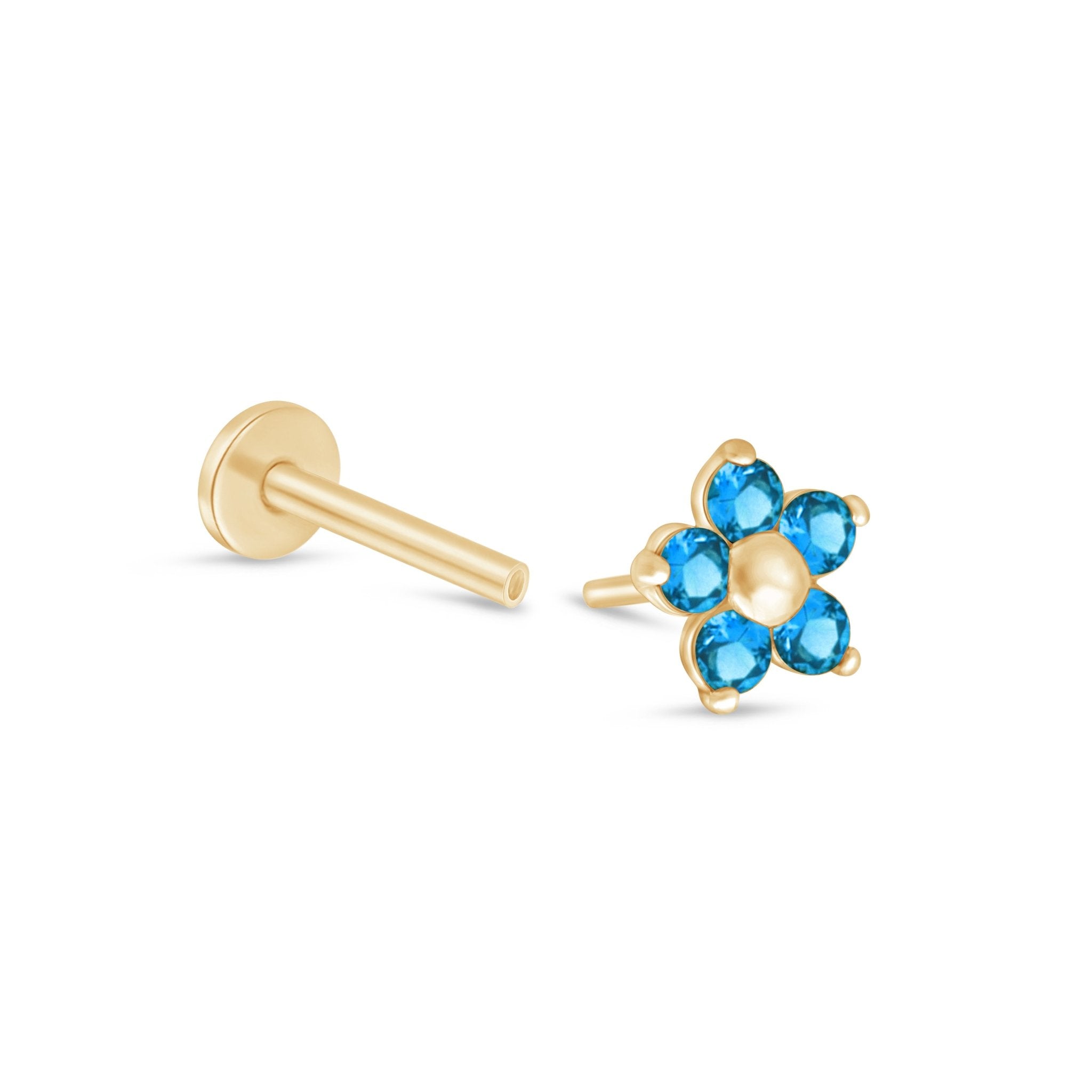 14K Yellow Gold Blue Topaz Flower Stud Earrings for Women – Dainty Floral Jewelry for Everyday Wear & Special Occasions