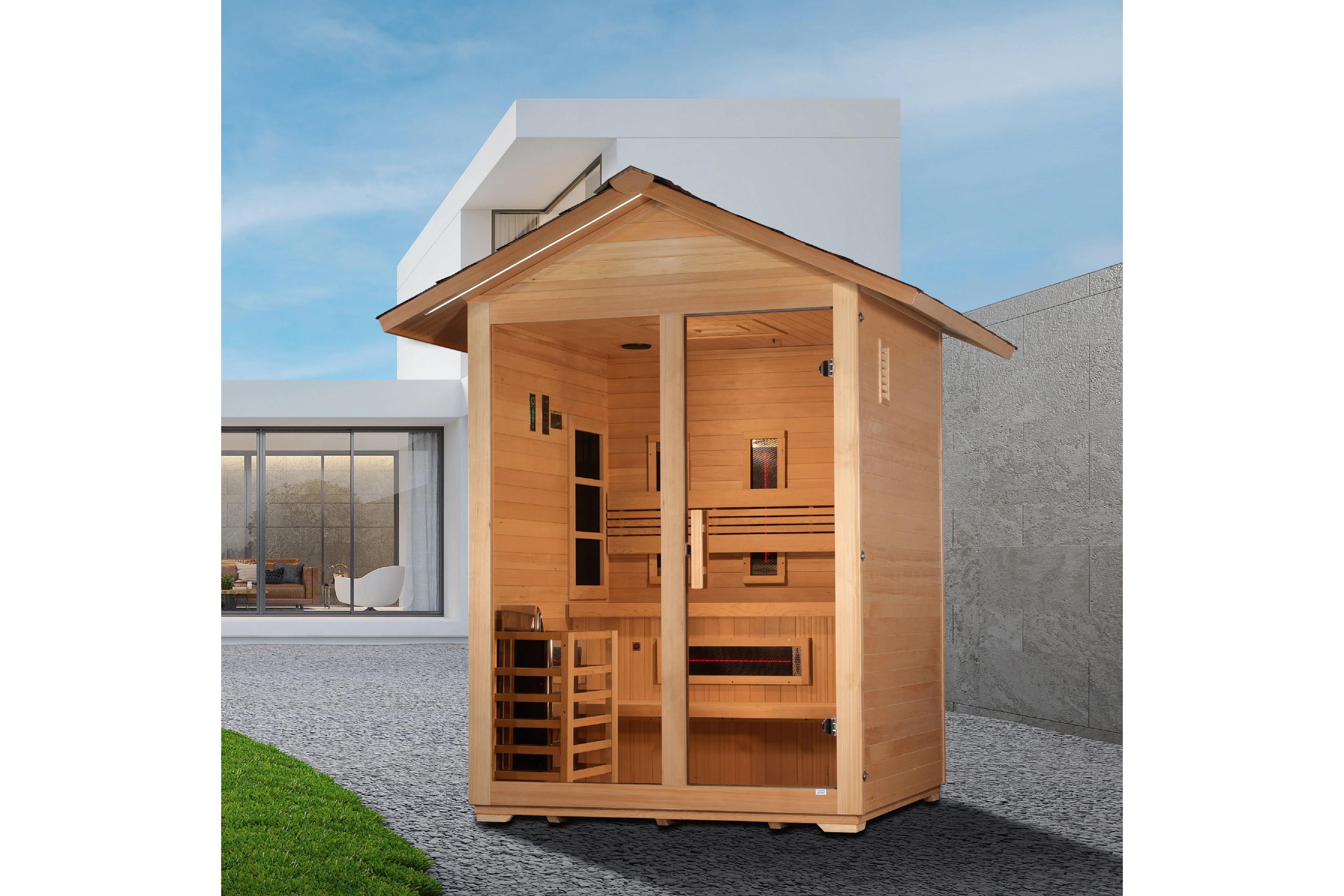 Golden Designs Carinthia 3-Person Hybrid Outdoor Sauna - Infrared & Traditional Wood Heater for Backyard Relaxation & Detox