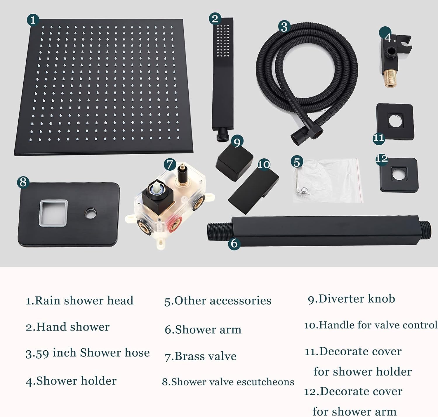Premium Matte Black Rain Shower System - 12