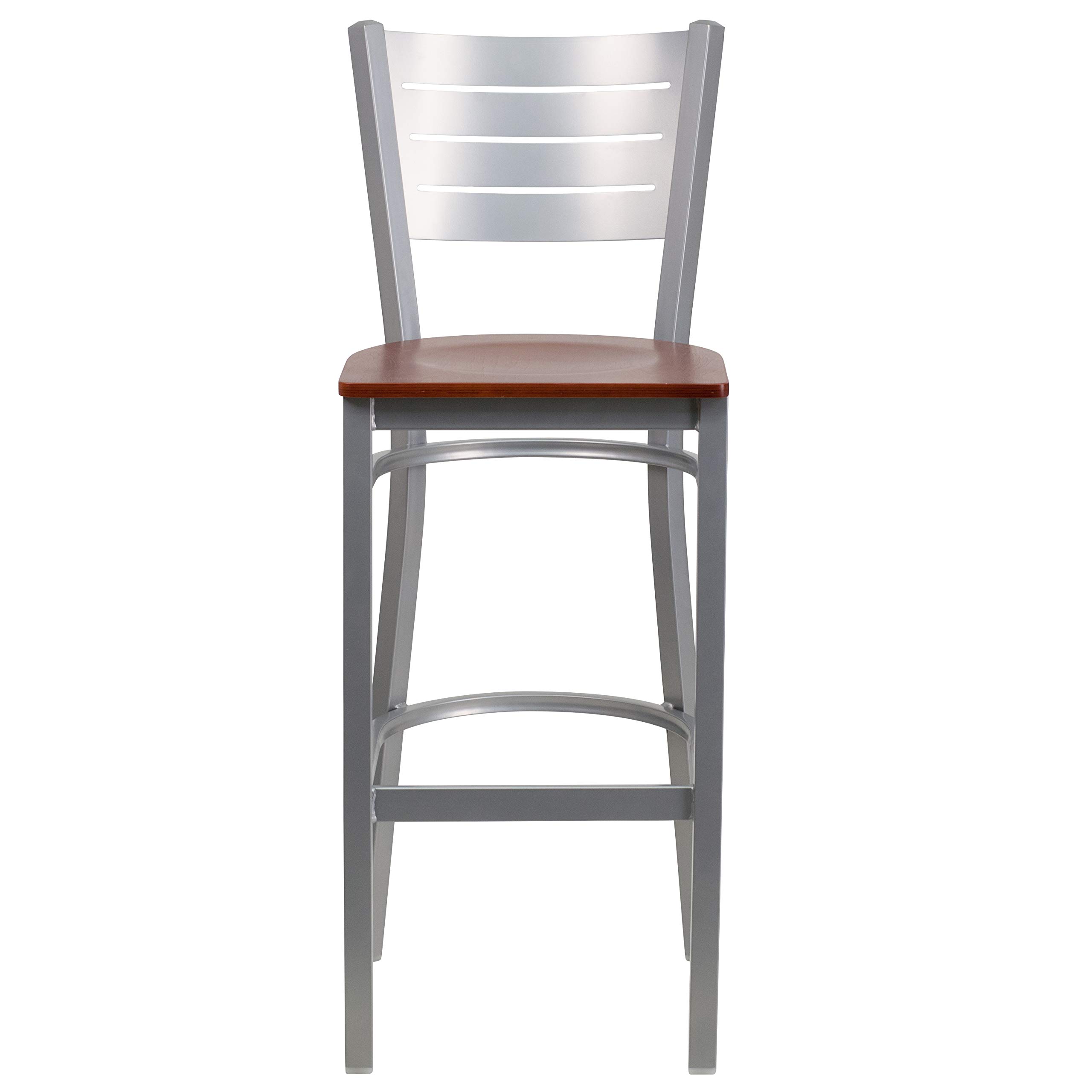 2 Pack Silver Metal Bar Stools with Cherry Wood Seat - Industrial Style Counter Height Stools for Kitchen Island, Bar, Restaurant & Home Decor