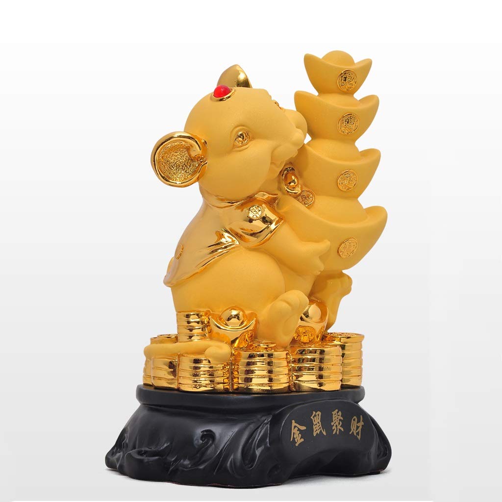 2020 Chinese Zodiac Rat Feng Shui Statue - Large Golden Resin Rat with Lucky Ingot/Yuan Bao, Wealth Collectible Figurine for Home Office Decor, New Year Gifts & Table Display