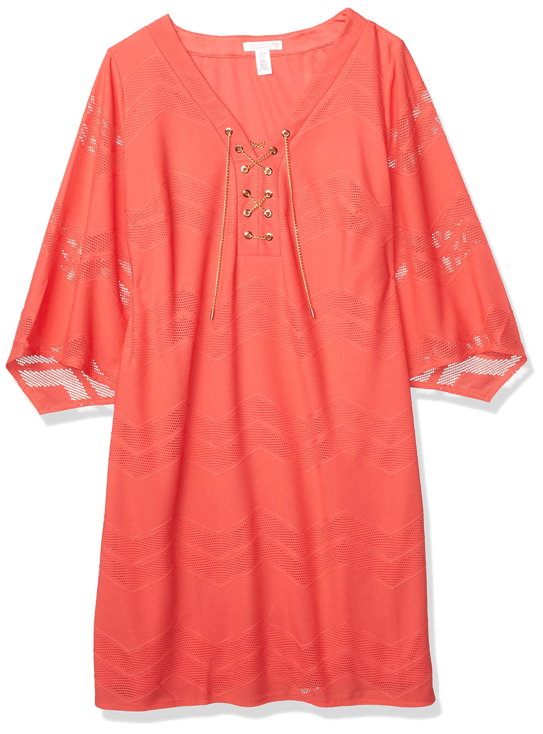 London Times Women's Plus Size 3/4 Sleeve Knit Tunic Dress with Lace-Up Front - Stylish & Comfortable Casual Wear for Work, Date Night & Special Occasions