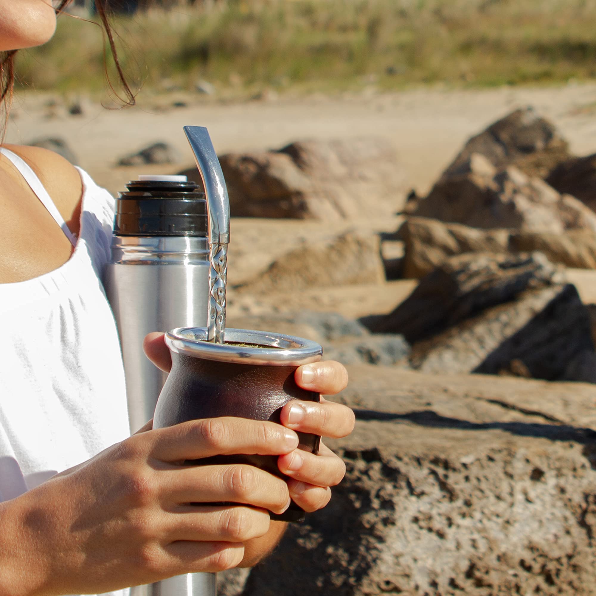 Premium Yerba Mate Cup Set - Handmade Ceramic & Leather - German Silver Straw - Perfect for Travel & Office Use