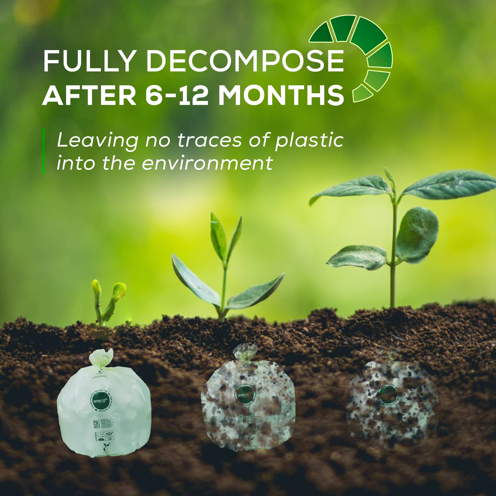 ANECO 100% Compostable Trash Bags 2.6 Gallon - Extra Thick Eco-Friendly Kitchen Compost Bags for Countertop Bin (100 Count) - Perfect for Food Scraps, Organic Waste & Sustainable Living
