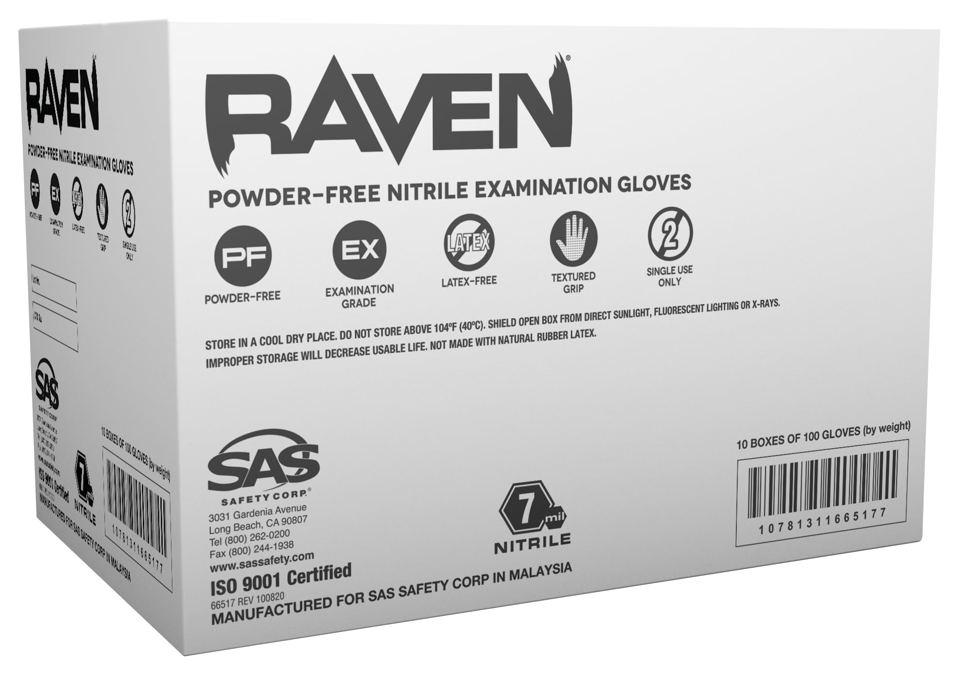 10 Pack SAS Safety 66519 Raven 6 mil Black Nitrile Disposable Gloves - X-Large (100 Gloves per Box) | Heavy-Duty Chemical Resistant Gloves for Medical, Laboratory, Tattoo & Automotive Work
