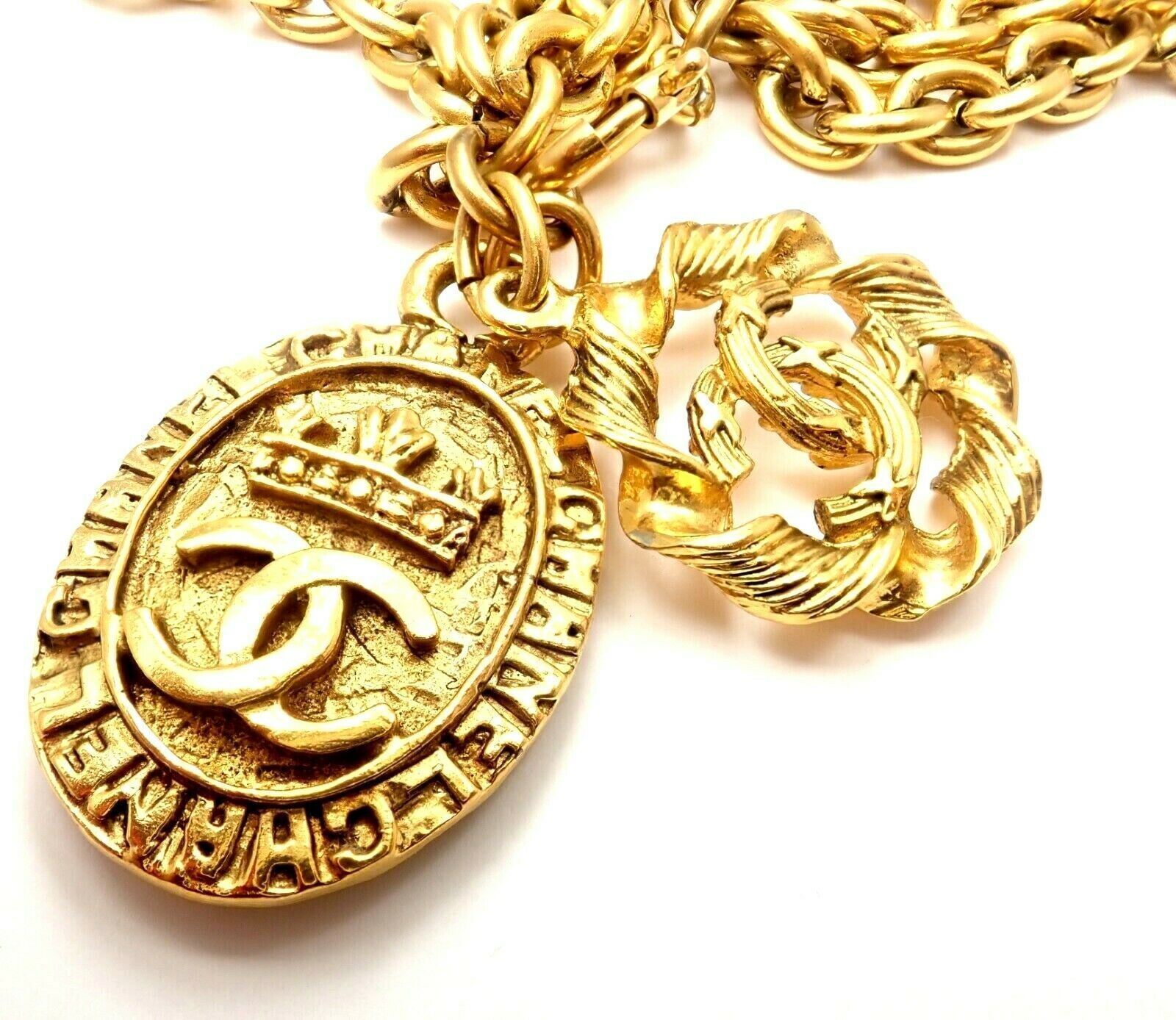 Authentic Chanel Gold Tone 3 Row Draped Clasp Belt Necklace 34