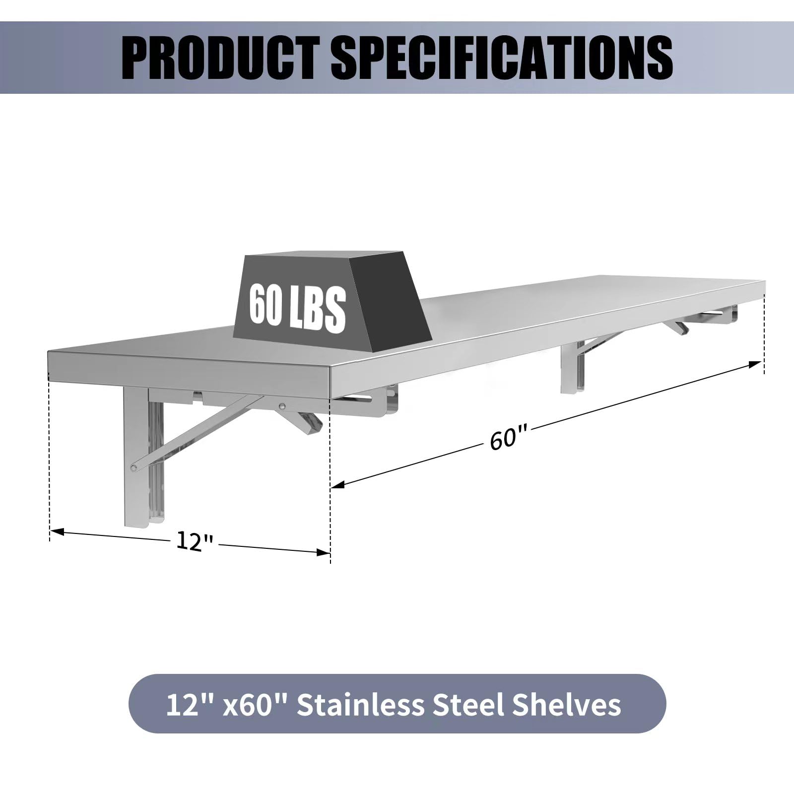 60 x12 Inch Folding Stainless Steel Wall Shelf - Heavy Duty Concession Shelf for Food Trailers, Concession Windows & Outdoor Events - Space Saving Metal Food Serving Shelves for Restaurants, Food Trucks & Catering Businesses