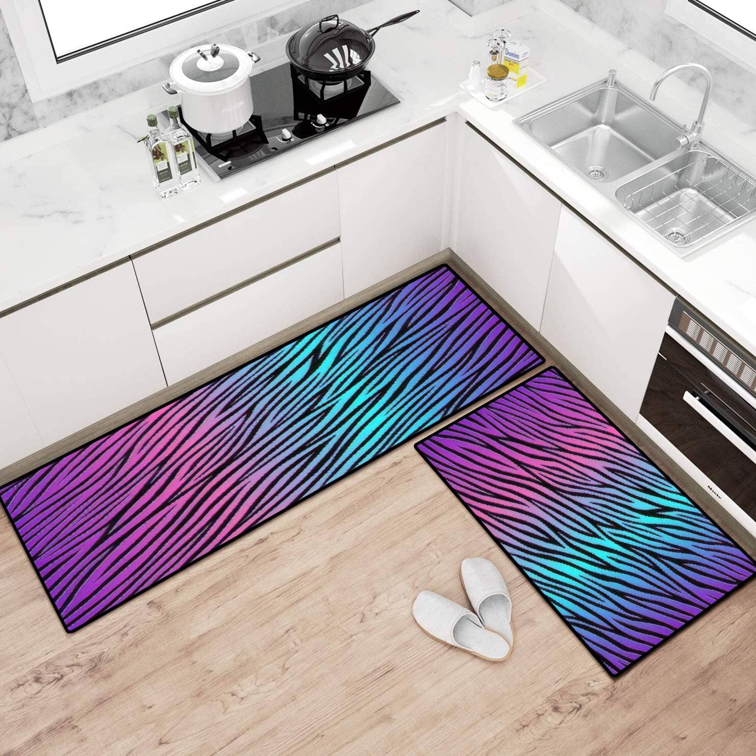 **Non-Slip Washable Kitchen Rugs Set - Fun Neon Animal Print Abstract Design, Seamless Repeating Patterns for Floor Mat, Runner, Doormat & Bath Rug - Perfect for Comfortable Standing & Home Decor**    *(Ideal for kitchens, bathrooms, entryways, and high-traffic areas—adds style while preventing slips!)*