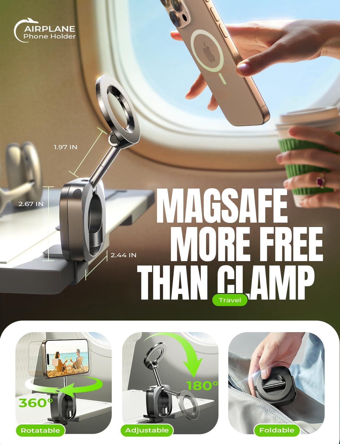 LISEN Airplane Phone Holder - MagSafe Compatible Travel Accessories for iPhone | Hands-Free Video Recording Stand | Perfect for Long Flights, Cruises & Travel Essentials (2025) | Ideal for Women's Travel Must-Haves & In-Flight Entertainment