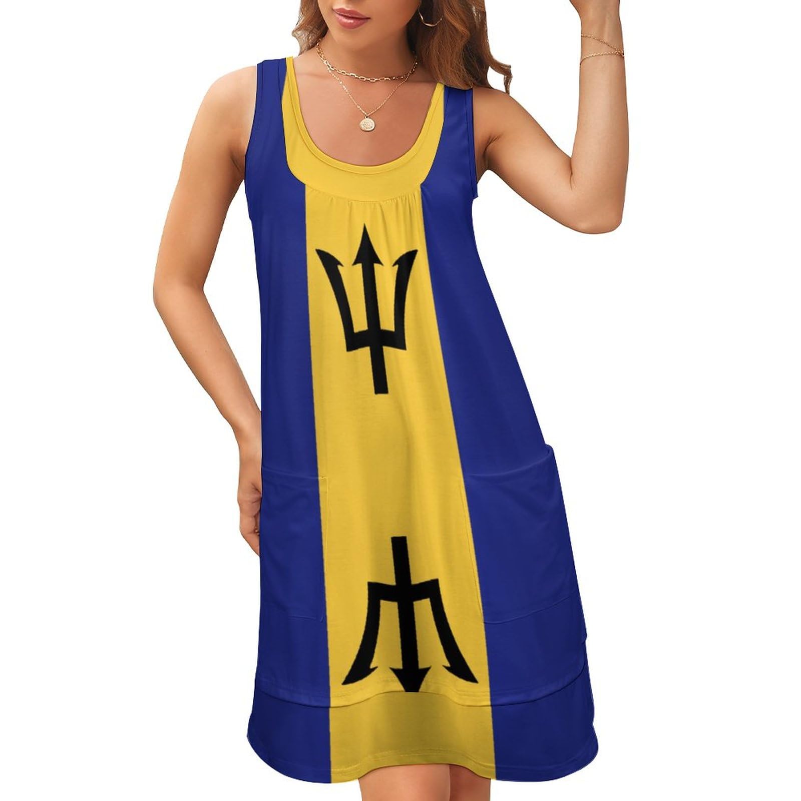 TAIZIYEAH Women's Barbados Flag Print Casual Sleeveless U-Neck Fake Two Piece Summer Dress - Beach Vacation, Tropical Party & Patriotic Outfit
