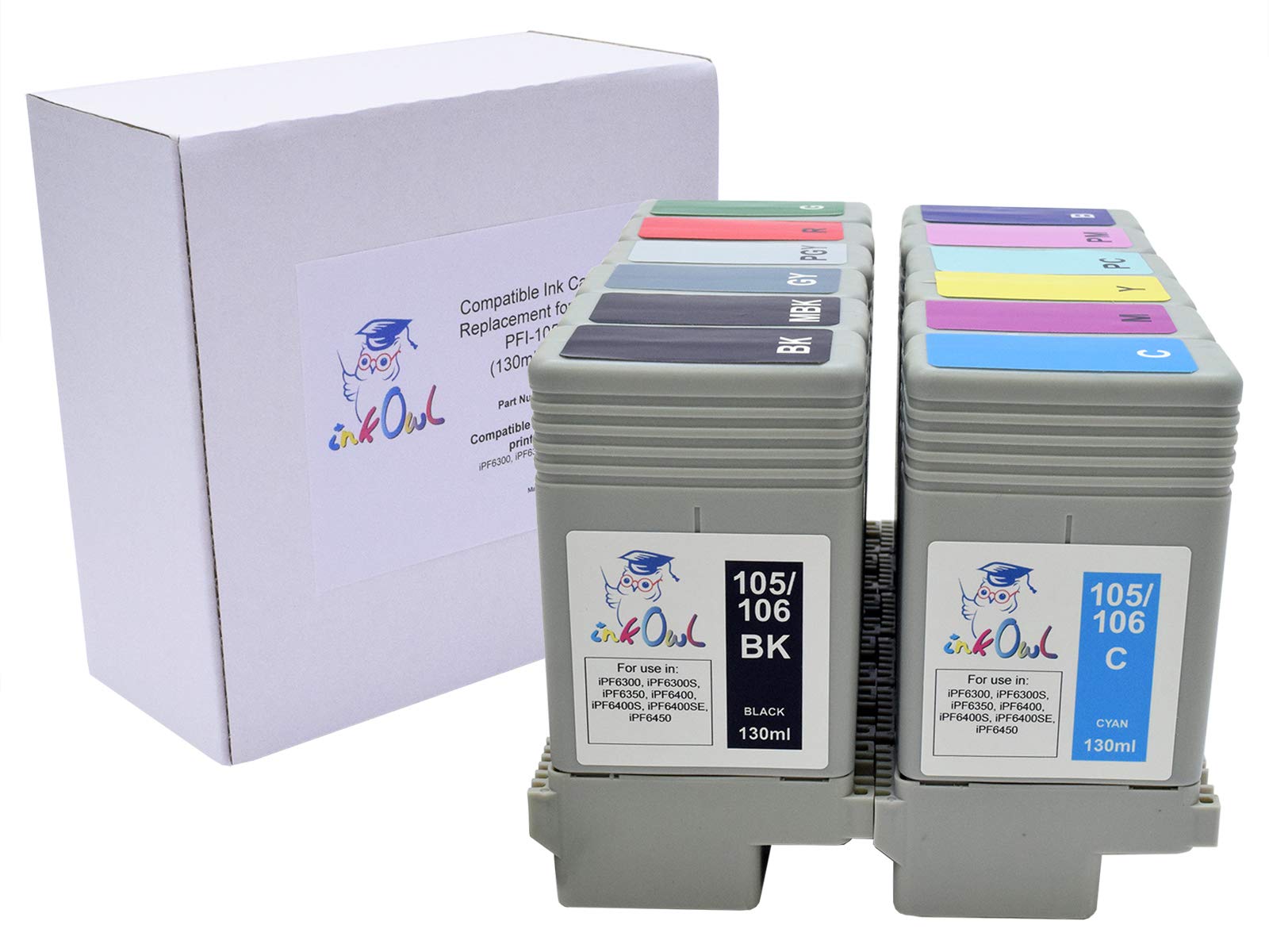 InkOwl Compatible Ink Cartridge Replacement for Canon PFI-105 PFI-106 (130ml, 12-Pack) - Works with iPF6300 iPF6350 iPF6400 iPF6450 Printers - High-Quality Photo Printing for Home Office & Professional Use