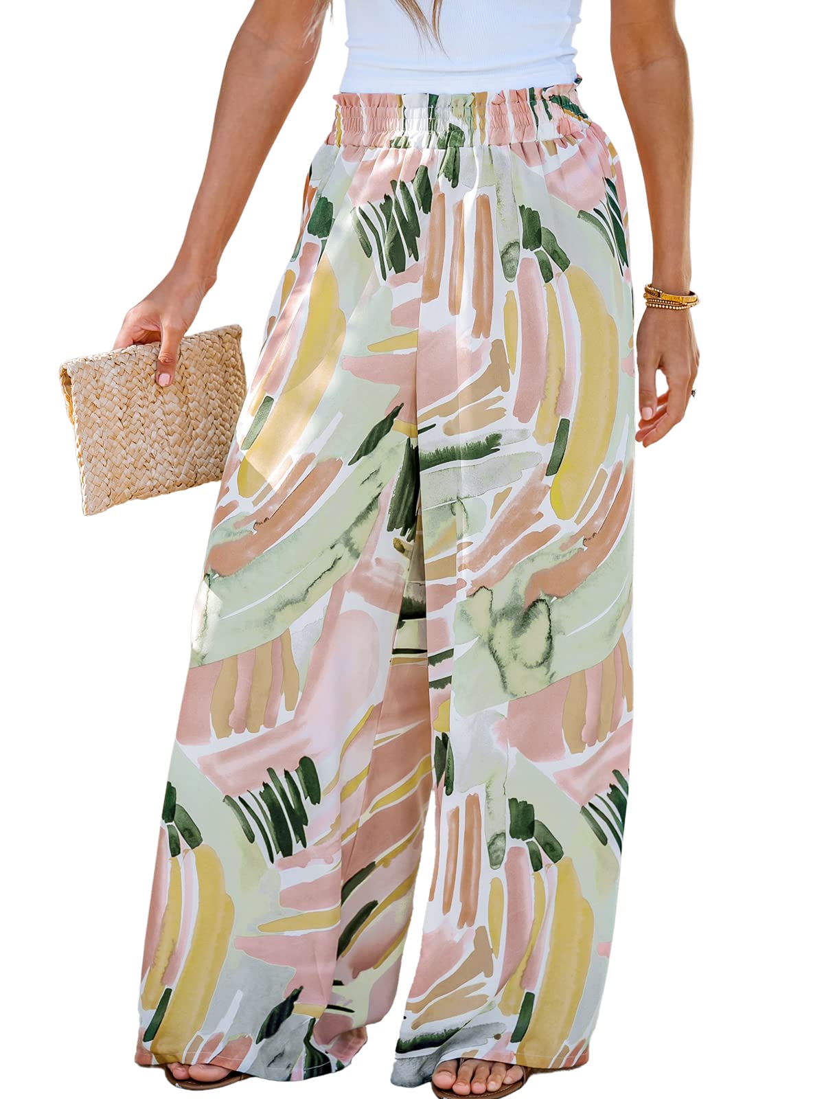 CUPSHE Women's Wide Leg Tribal Print Smocked Pants - High Elastic Waist Boho Pants for Summer, Beach, Yoga & Casual Wear