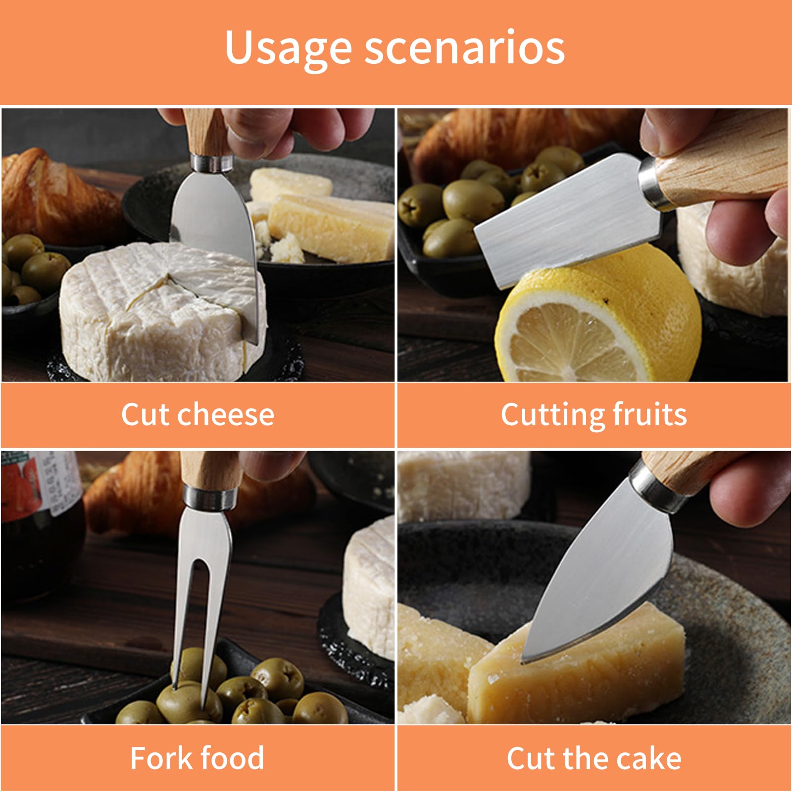 Premium 4-Piece Cheese Knives Set - Stainless Steel Cheese Knife, Fork, Slicer & Butter Knife with Ergonomic Rubberwood Handle - Perfect for Charcuterie Boards, Cheese Platters & Wine Pairing Parties