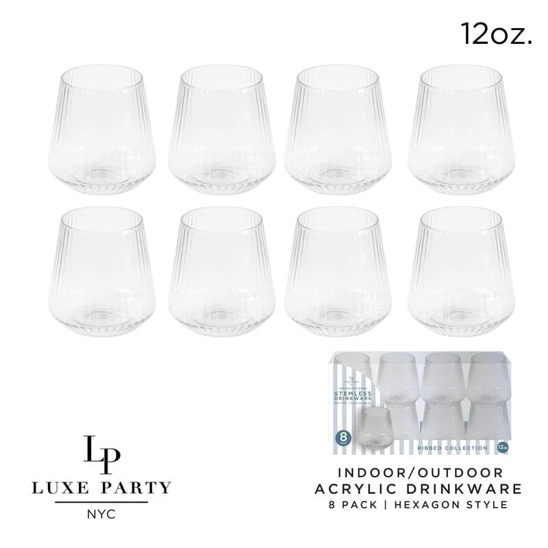 12 oz. Clear Plastic Stemless Ribbed Wine Goblets - 8 Pack Set for Parties, Weddings, and Outdoor Events - Shatterproof & Reusable Drinking Cups