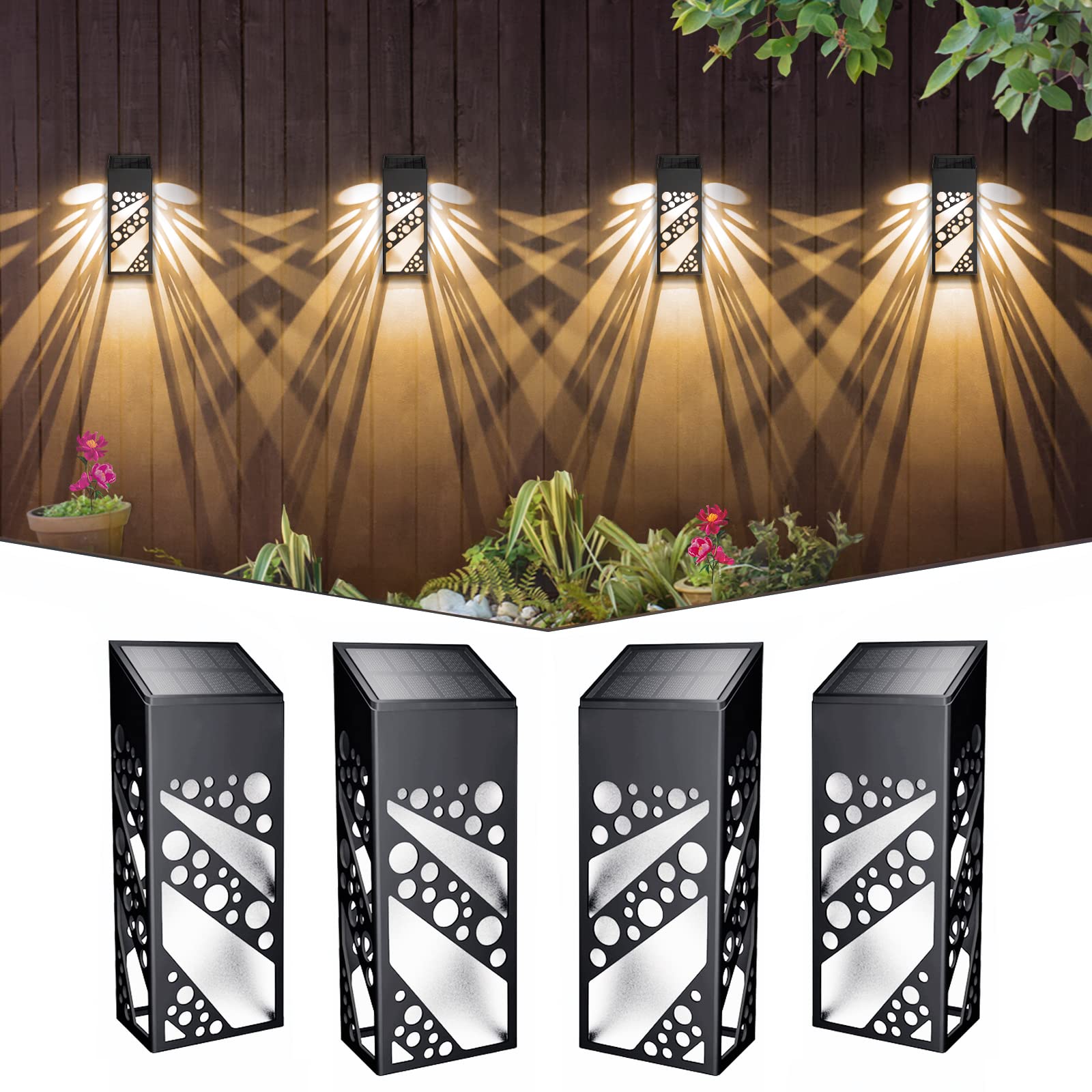 Aulanto 4 Pack Solar Fence Lights - Waterproof Outdoor Wall Lights with RGB & Warm White Modes, Auto On/Off - Perfect for Halloween Decor, Garden, Backyard, Front Door, Patio & Pathway Lighting