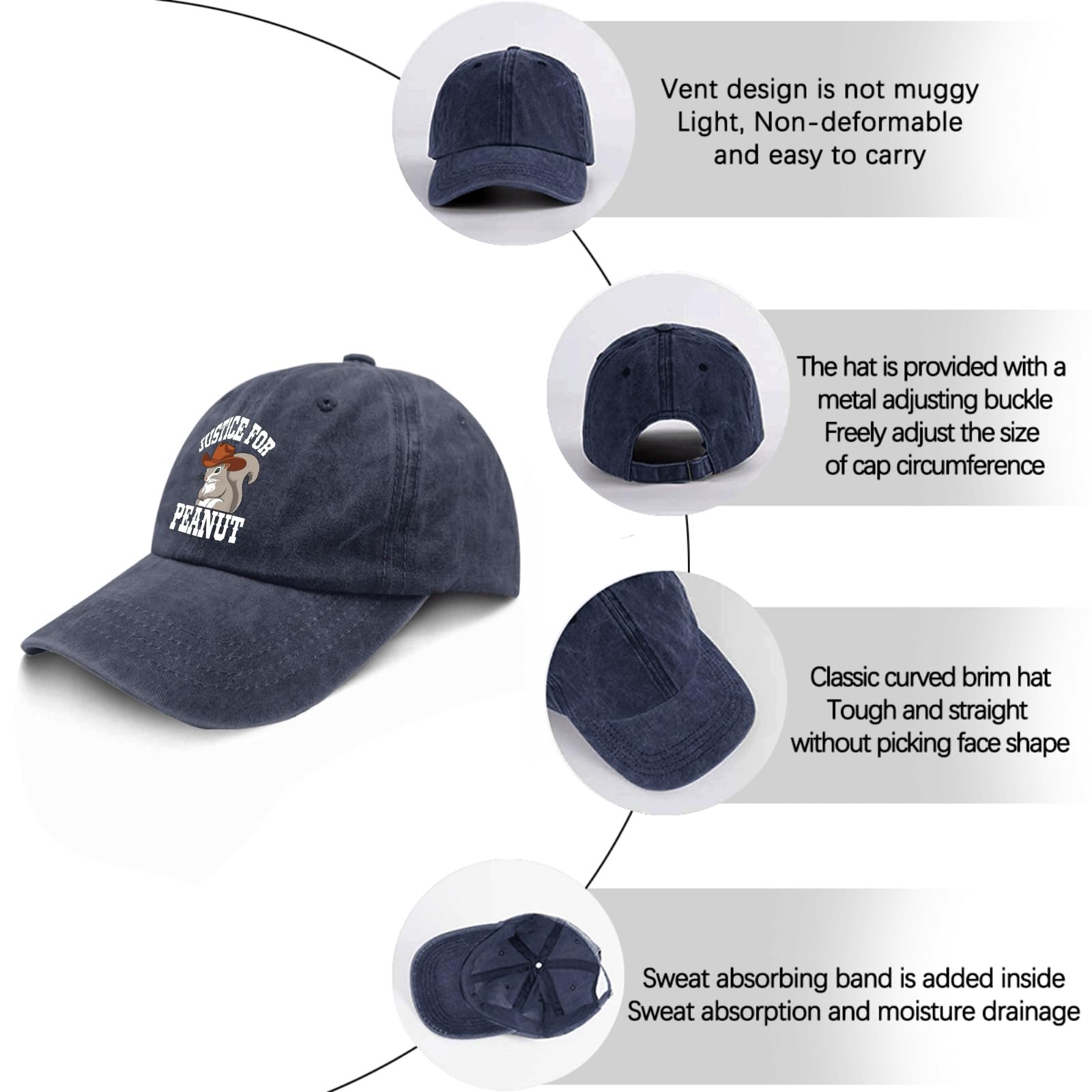 Justice for Peanut The Squirrel Women's Baseball Cap - Cool Washed Cotton Running Hat Adjustable Fitted - Perfect for Outdoor Activities, Jogging, and Casual Wear