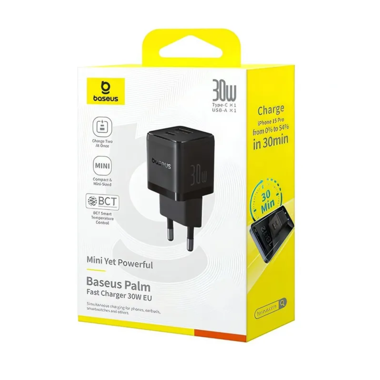 Baseus 30W Fast Charger USB C & USB A Dual Port - Compact Palm-Sized Design for iPhone, Samsung, Google Pixel - Perfect for Travel, Office & Home Use