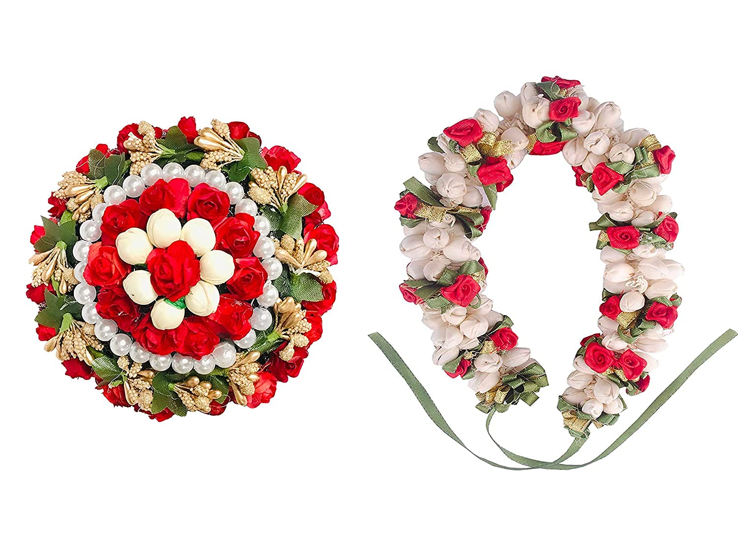 Arooman™ Artificial Flower Hair Bun Gajra for Girls - 2 Pack Multicolor Hair Accessories for Wedding, Party & Bridal Styling (M12190974)