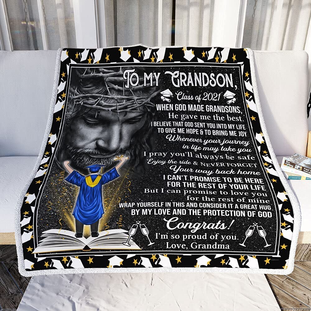 Personalized God to Son/Grandson Graduation Blanket 2021 - Custom Photo Fleece Throw for High School & College Graduation Ceremony, Birthday & Christmas Gifts (Perfect for Dorm, Home Decor & Cozy Family Moments)