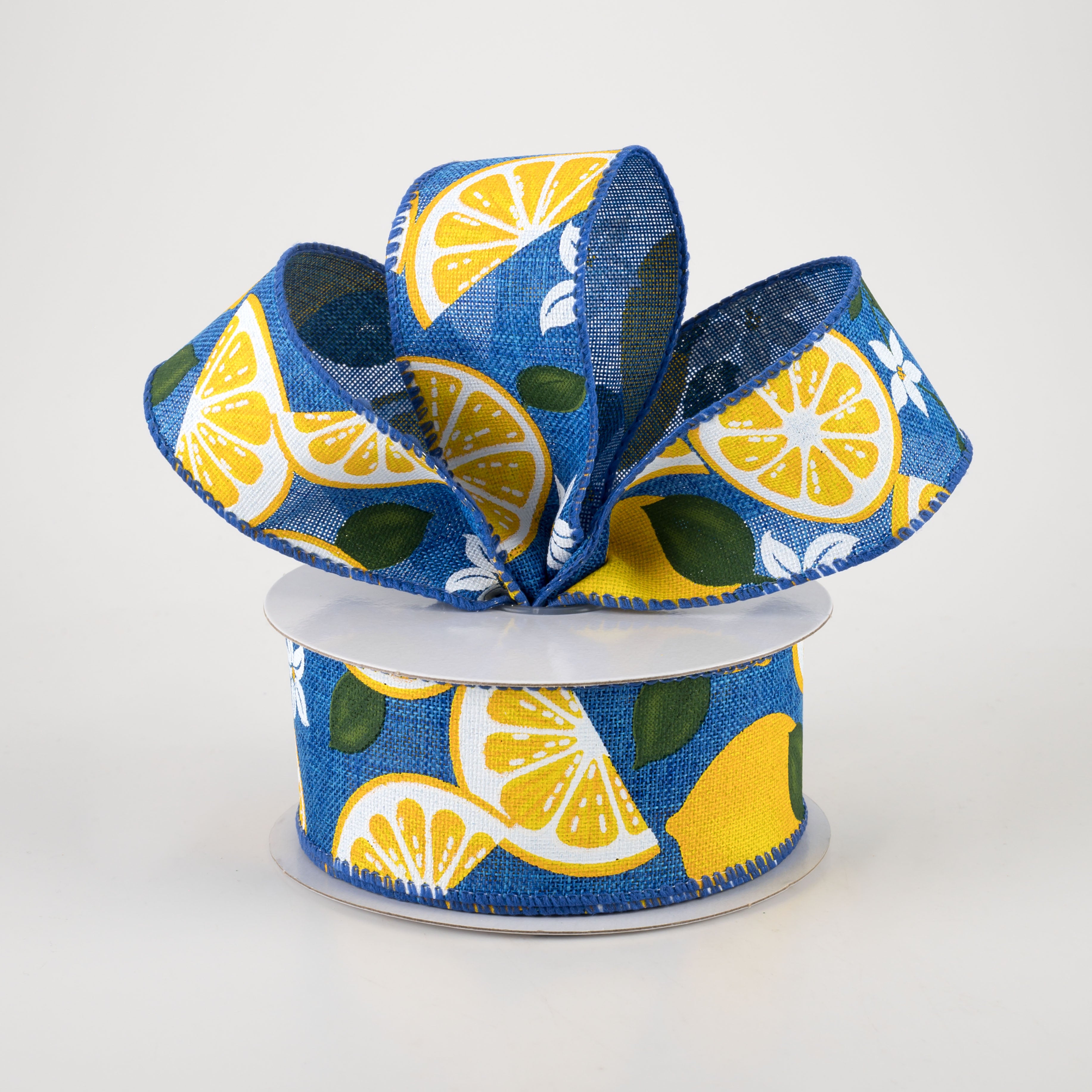 1.5 Inch Linen Lemons & Flowers Ribbon - Royal Blue (10 Yards) - Perfect for Gift Wrapping, DIY Crafts, and Home Decor