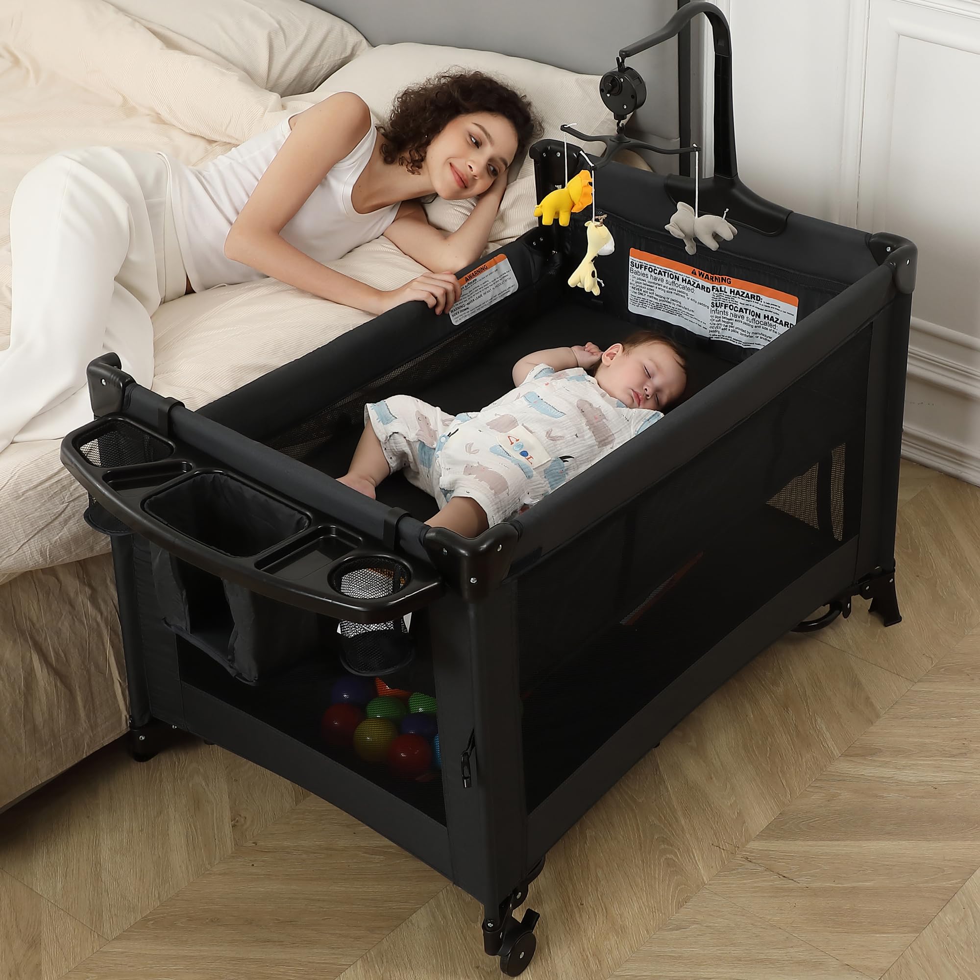 5-in-1 Baby Playard with Bassinet & Changing Table - Foldable Travel Crib for Newborn to Toddler - Portable Bedside Sleeper & Playpen (Black) - Perfect for Nursery, Travel & On-the-Go Parenting