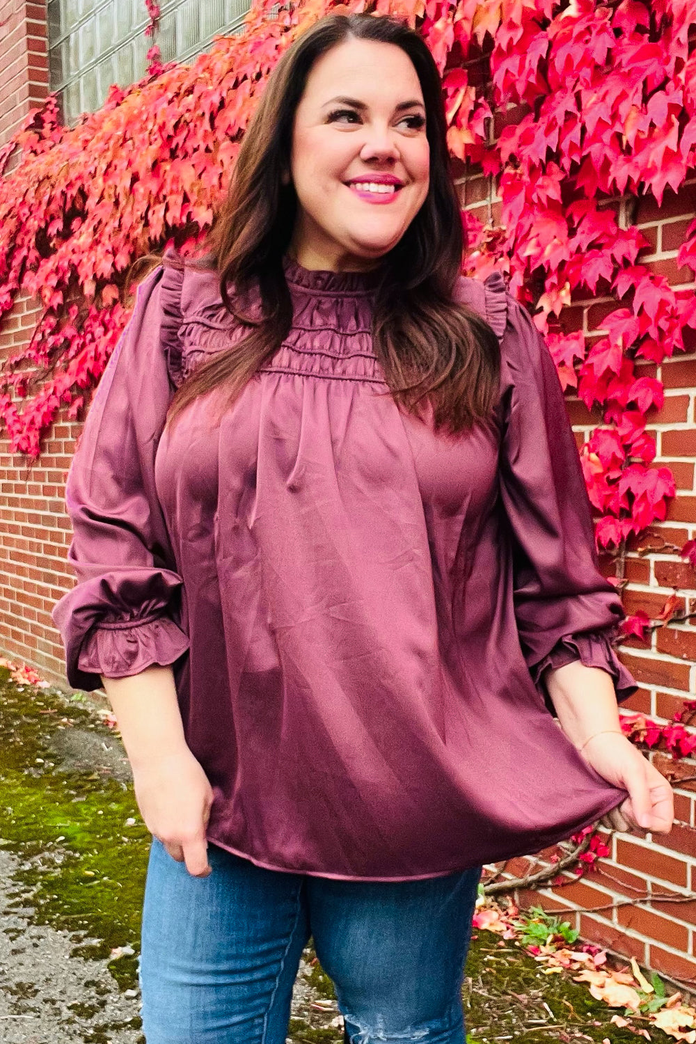 Stylish Wine Satin Shirred Yoke Frilled Mock Neck Top for Women | Elegant Blouse for Date Night, Parties & Special Occasions