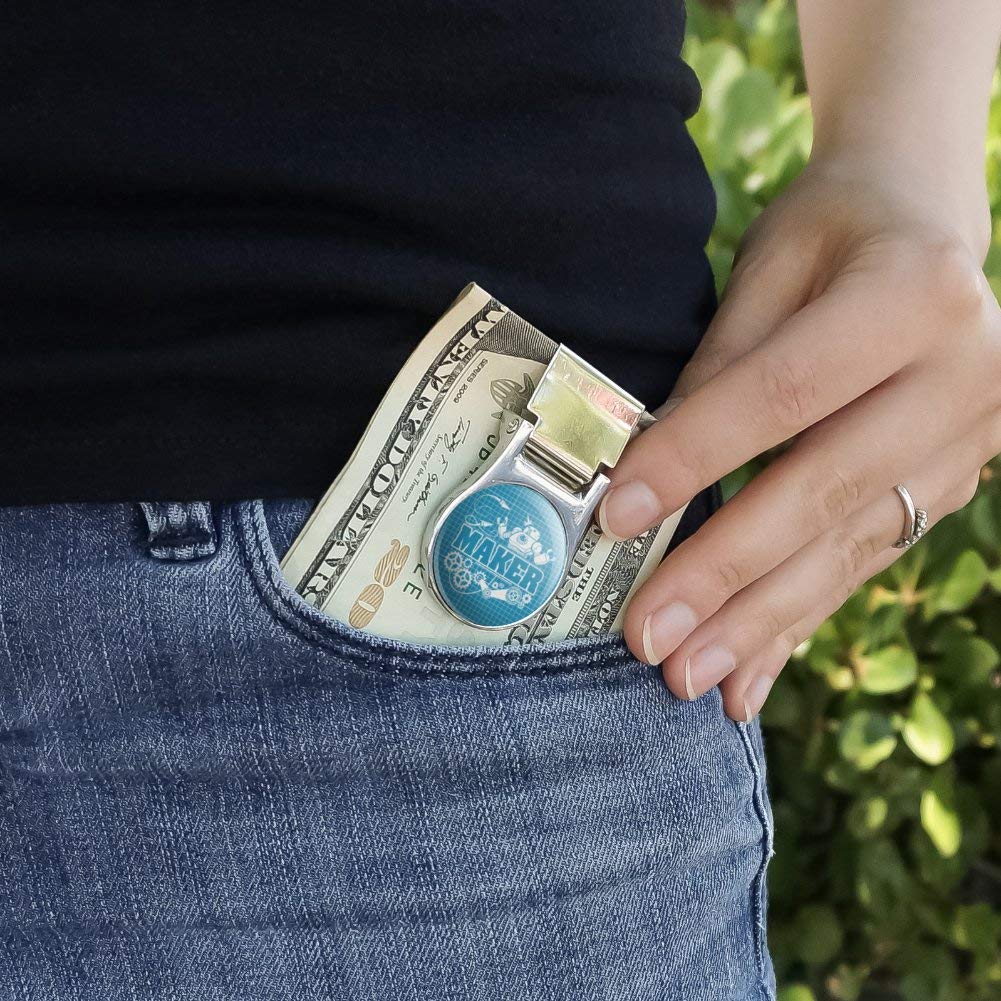 Robot and Gears Satin Chrome Plated Metal Money Clip - Unique Maker Blueprint Design for Cash & Cards | Perfect Gift for Engineers, Tech Lovers & DIY Enthusiasts