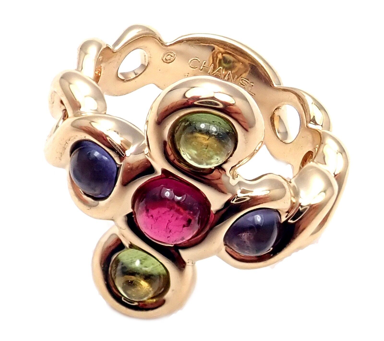 Authentic Chanel 18k Yellow Gold Pink Green Tourmaline Ring Size 4.5 - Luxury Jewelry for Women, Perfect for Weddings, Anniversaries & Special Occasions