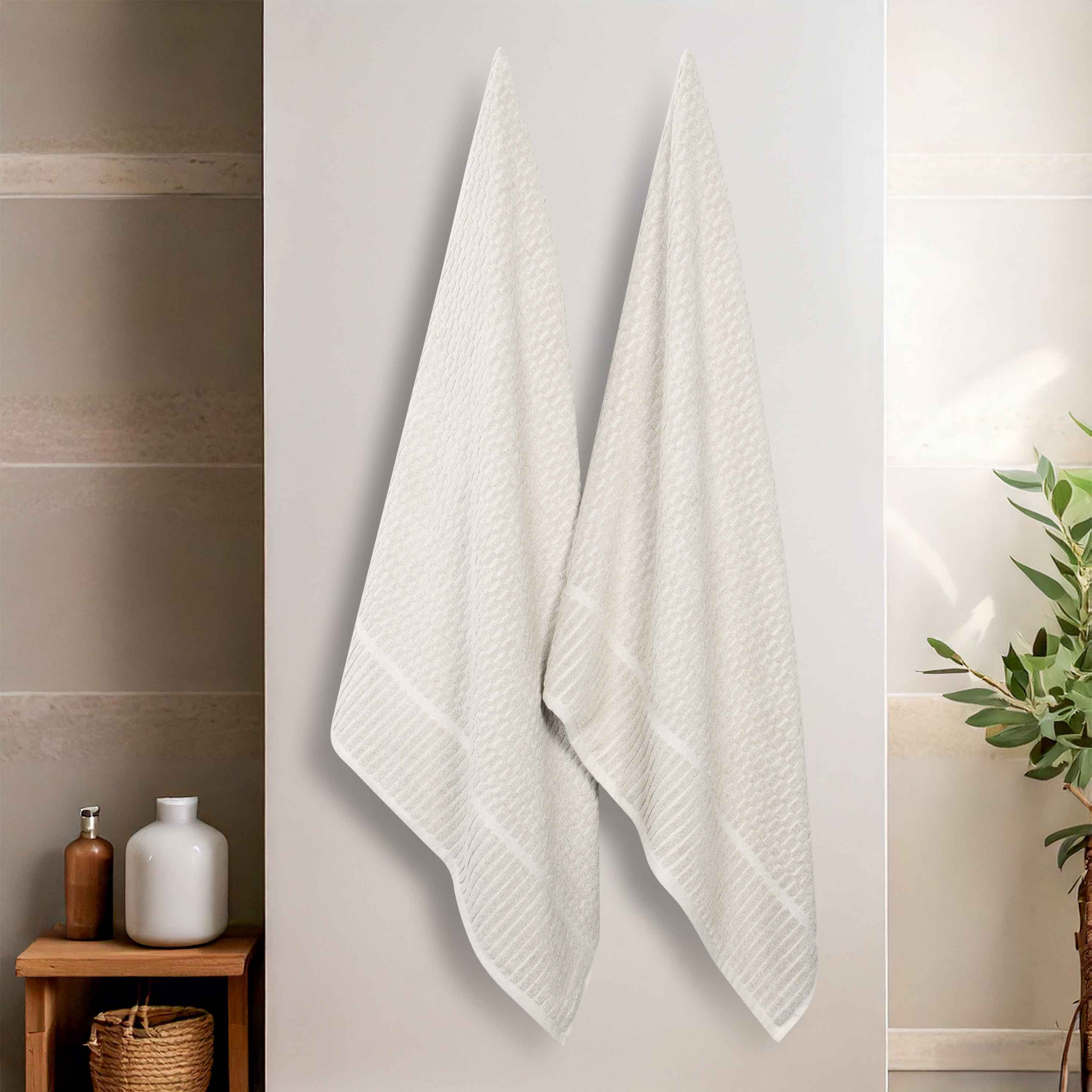 Premium Juno Cotton Blend Medium Weight Checkered Border Bath Towels - Ultra Absorbent & Soft, Set of 2 (Grey/White) | Luxury Bath Sheets for Spa, Hotel & Home Use