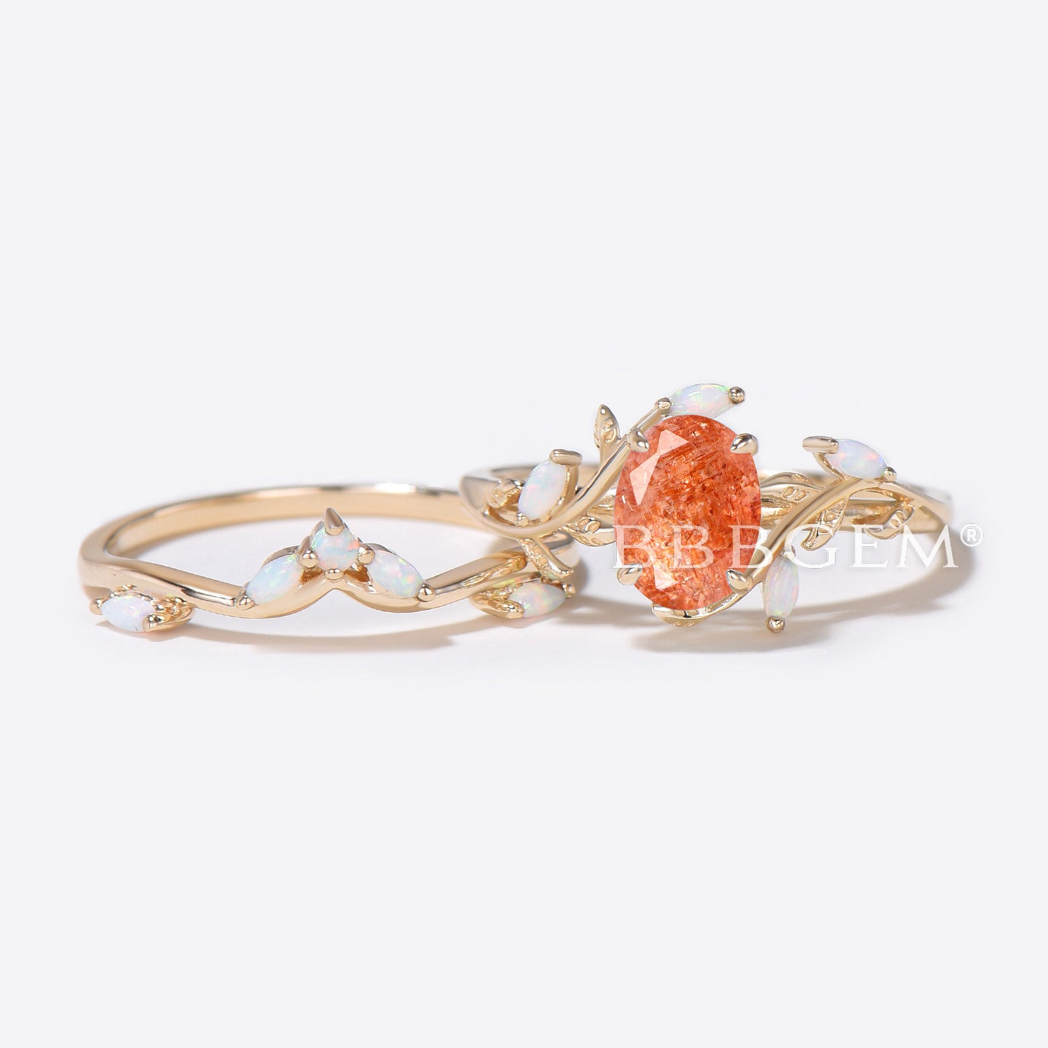 1.5ct Oval Sunstone Engagement Ring - 14K Gold Leaf Vine Design with Opal Accents - Elegant Wedding Band for Women - Perfect for Proposals, Anniversaries & Special Occasions