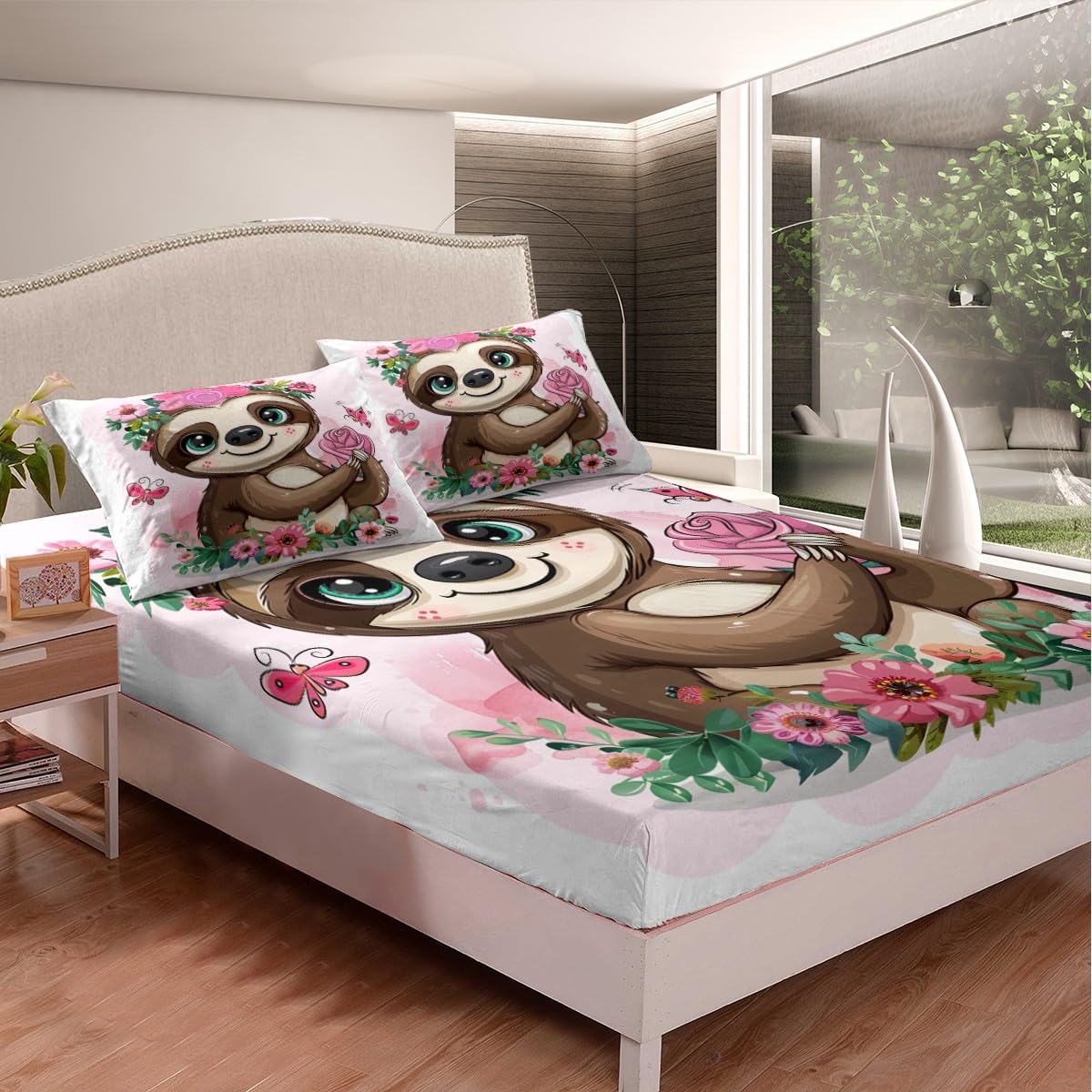 Feelyou Sloth Bed Sheets Set - Twin Size Super Soft Rose Floral Cartoon Sloth Print Bedding for Girls & Kids (3-Piece Set) - Perfect for Children's Bedrooms, Sleepovers & Cozy Nursery Decor