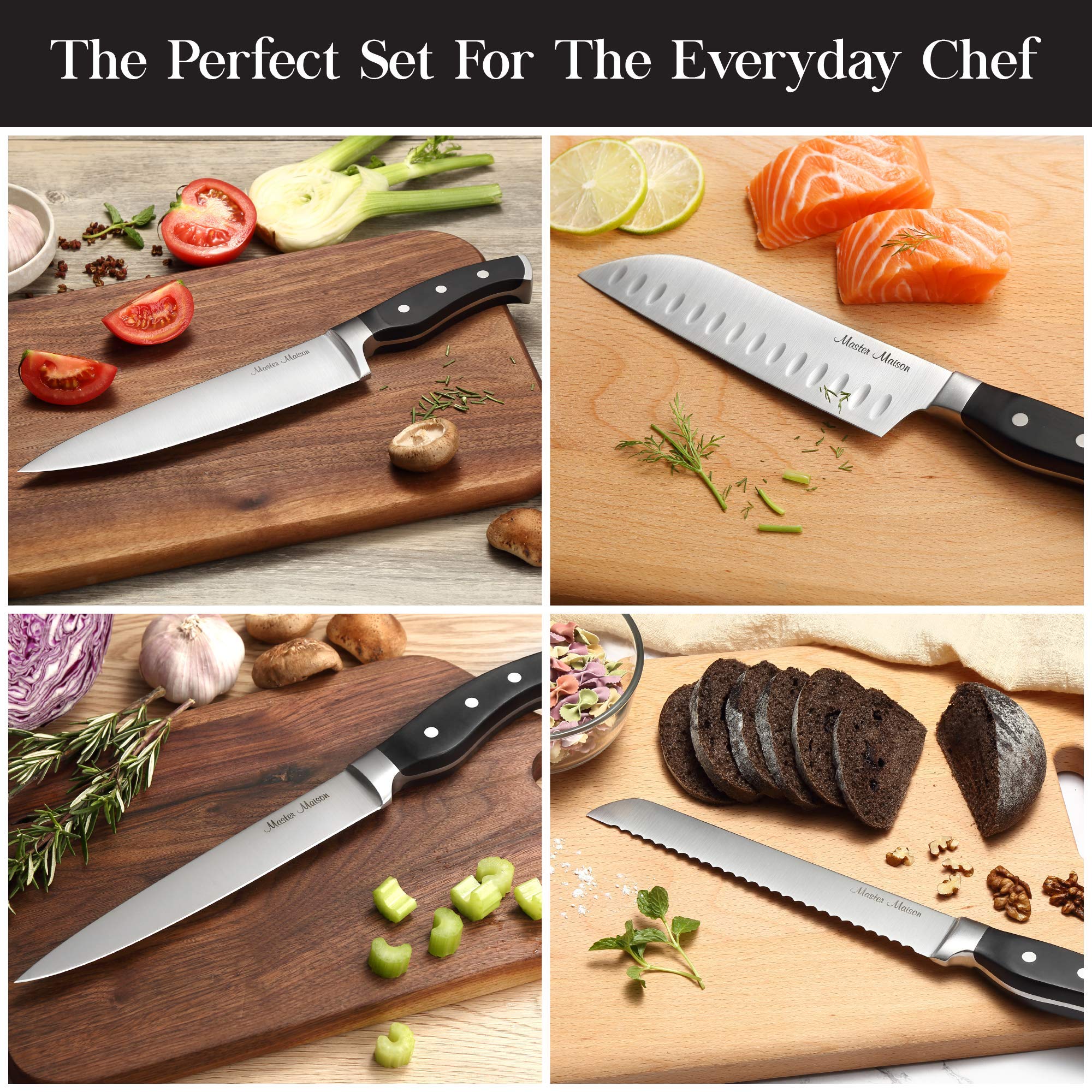 Master Maison 15-Piece Kitchen Knife Set with Wooden Block & Sharpener - Professional Stainless Steel Chef, Utility & Steak Knives for Cooking, Slicing & Food Prep - Perfect for Home Chefs & Culinary Enthusiasts